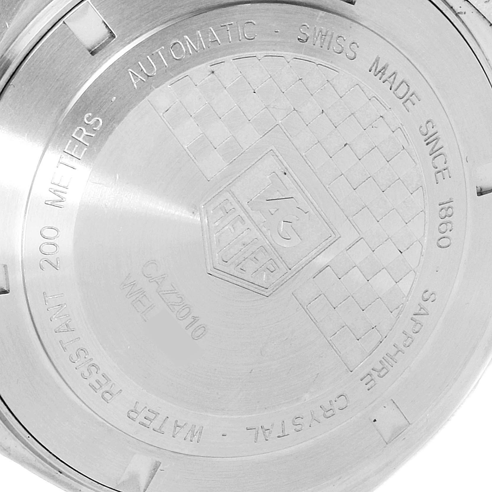 This image shows the case back of the Tag Heuer Formula 1 CAZ2010.BA0876 Men's Stainless Steel Black Dial CAZ2010.BA0876 Men's Stainless Steel Black Dial watch, displaying specifications like water resistance and Swiss-made details.