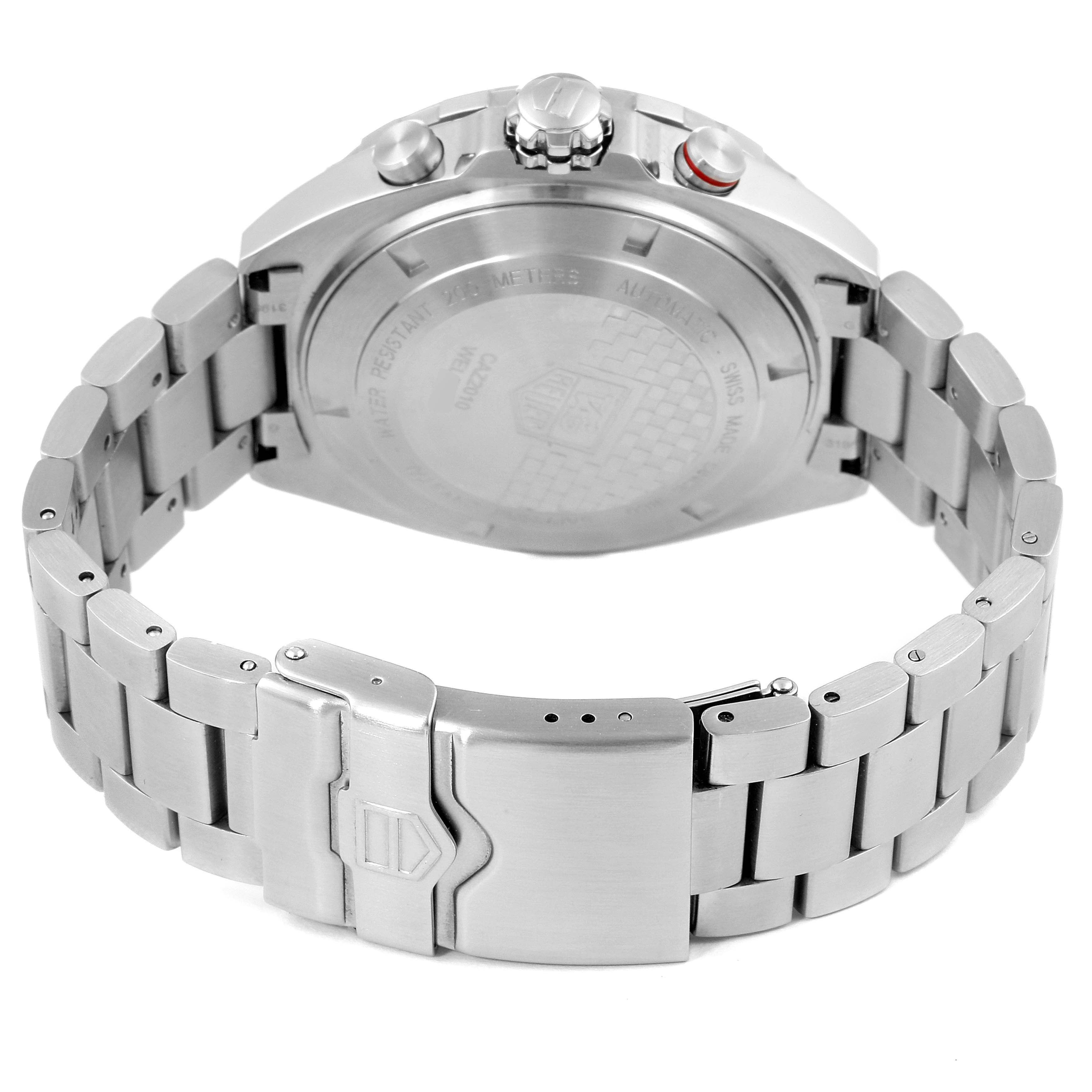 This image shows the back and clasp of the Tag Heuer Formula 1 CAZ2010.BA0876 Men's Stainless Steel Black Dial CAZ2010.BA0876 Men's Stainless Steel Black Dial watch in a partially open position.