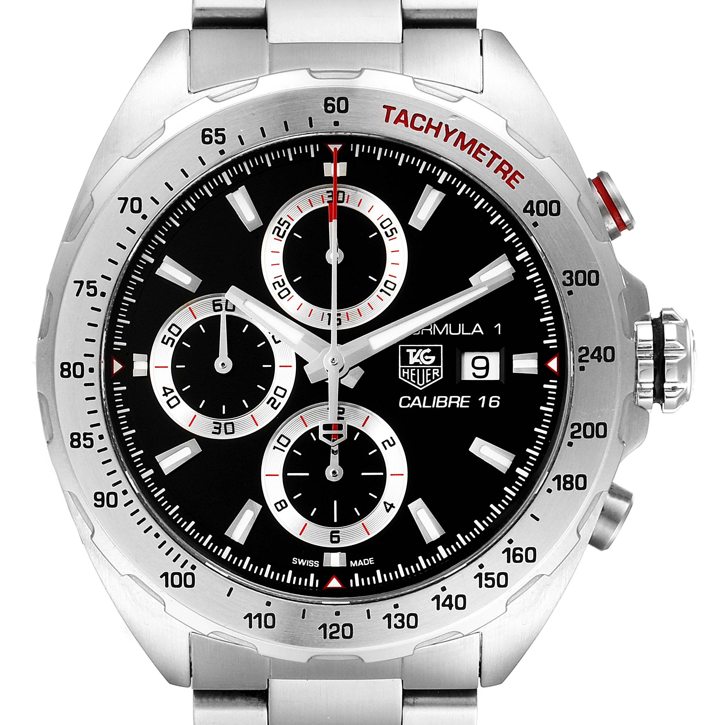 The image shows a close-up front view of the Tag Heuer Formula 1 CAZ2010.BA0876 Men's Stainless Steel Black Dial CAZ2010.BA0876 Men's Stainless Steel Black Dial watch with a detailed display of the dial and bezel.