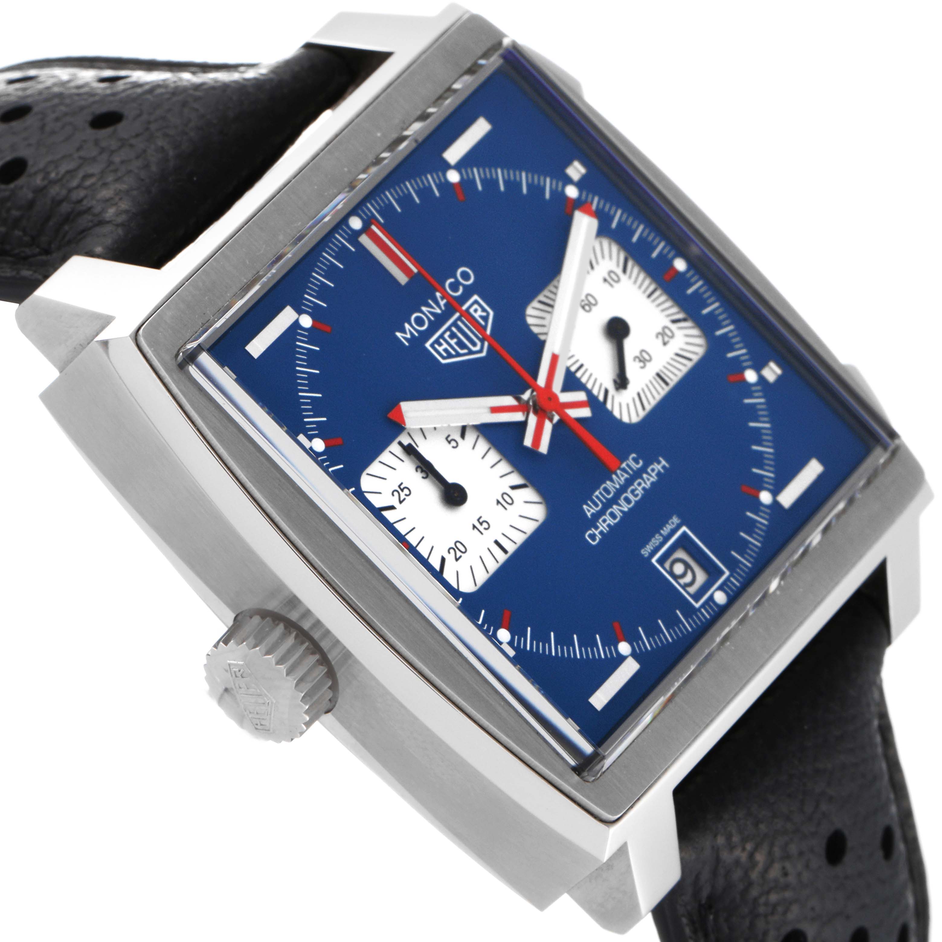 The image shows a close-up side angle of the Tag Heuer Monaco CAW211P Men
s Stainless Steel Blue Dial CAW211P Men
s Stainless Steel Blue Dial watch, highlighting the dial, bezel, and crown.