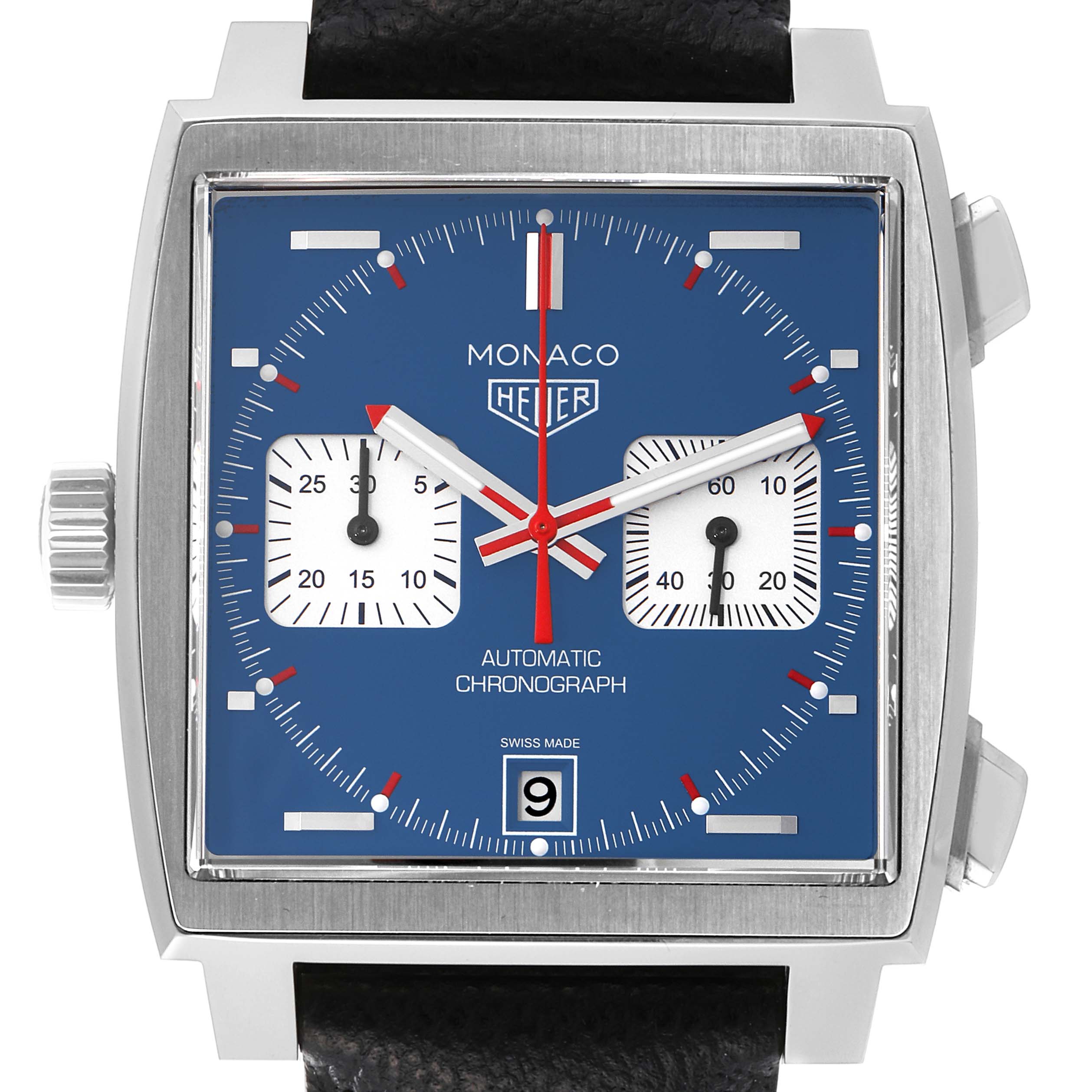 The Tag Heuer Monaco CAW211P Men
s Stainless Steel Blue Dial CAW211P Men
s Stainless Steel Blue Dial watch is shown at a front angle, displaying its square blue dial, chronograph subdials, and date window.