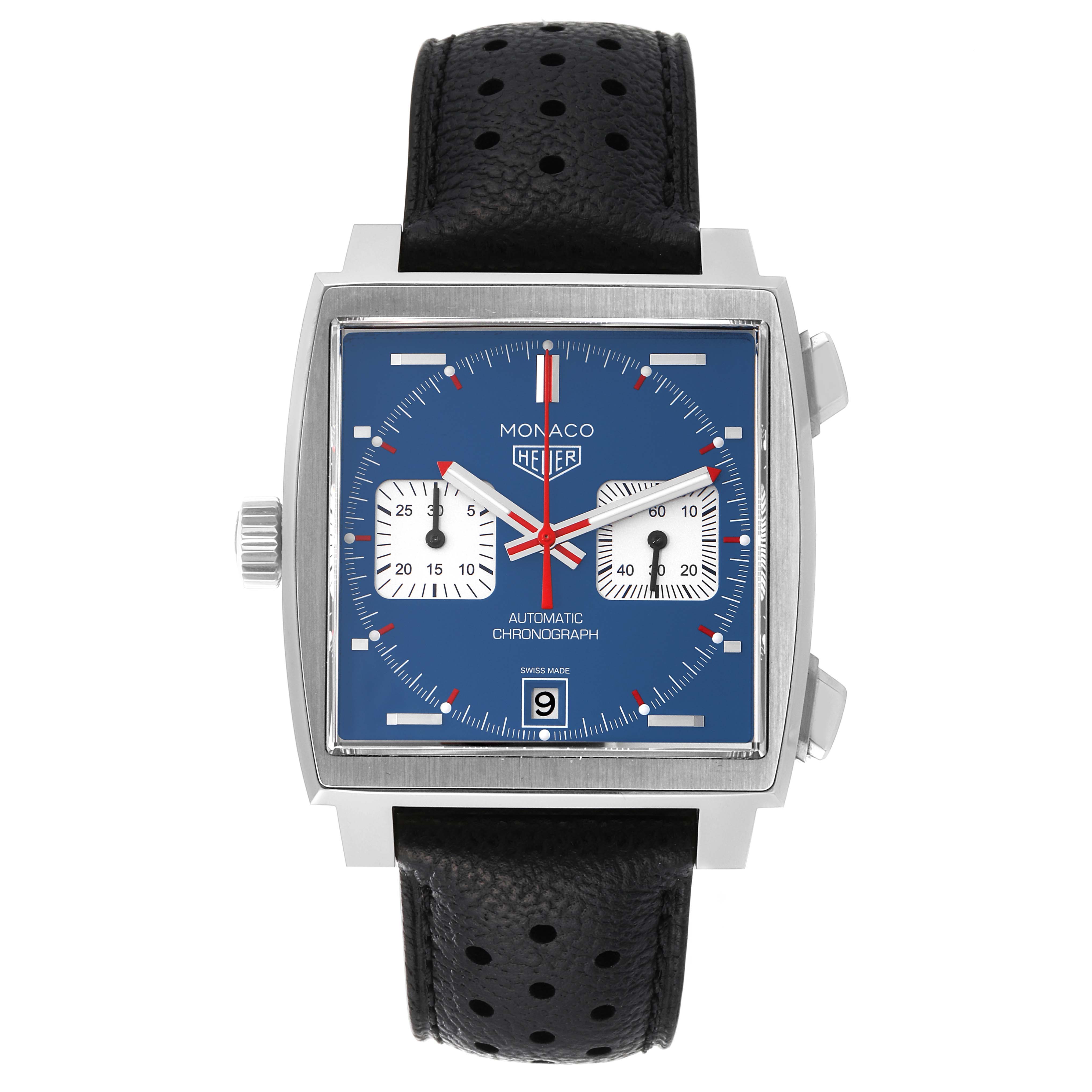 The image shows a front view of the Tag Heuer Monaco CAW211P Men
s Stainless Steel Blue Dial CAW211P Men
s Stainless Steel Blue Dial watch, displaying its face, strap, and side buttons.