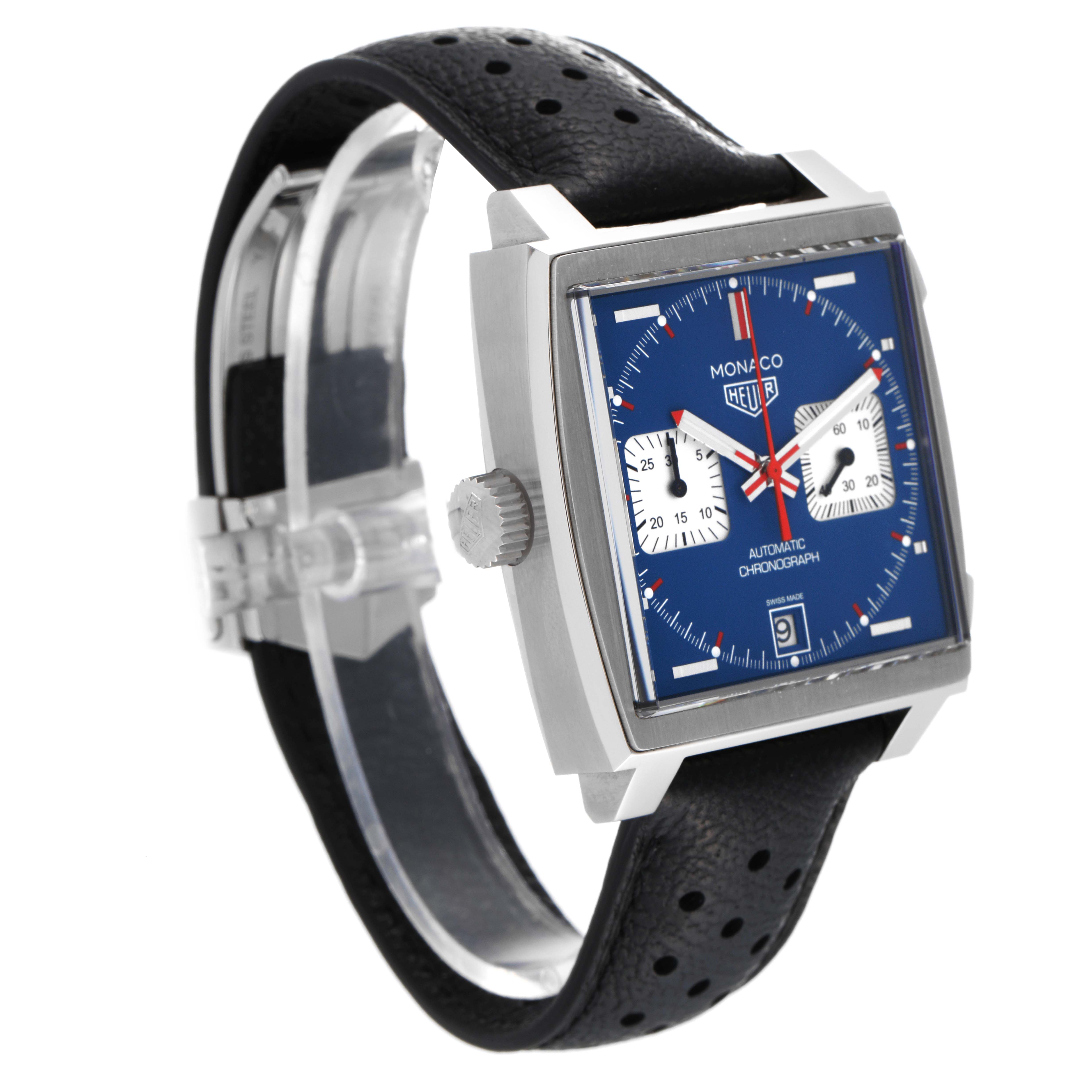 The image shows a Tag Heuer Monaco CAW211P Men
s Stainless Steel Blue Dial CAW211P Men
s Stainless Steel Blue Dial watch at a three-quarter angle, highlighting its square face, black leather strap, and side crown.