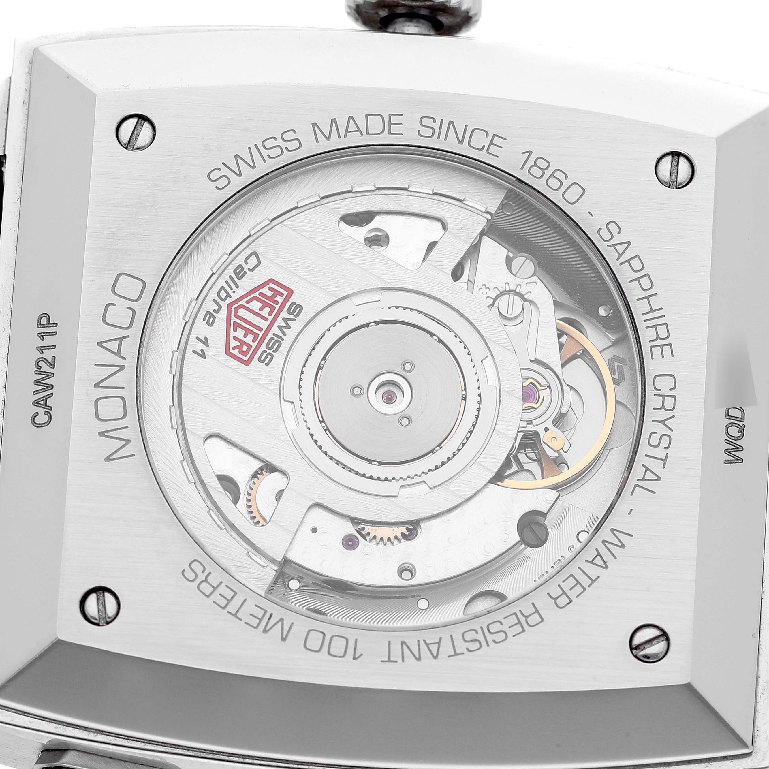 This image shows the back of the Tag Heuer Monaco CAW211P Men
s Stainless Steel Blue Dial CAW211P Men
s Stainless Steel Blue Dial watch, revealing the automatic movement and engraved details.