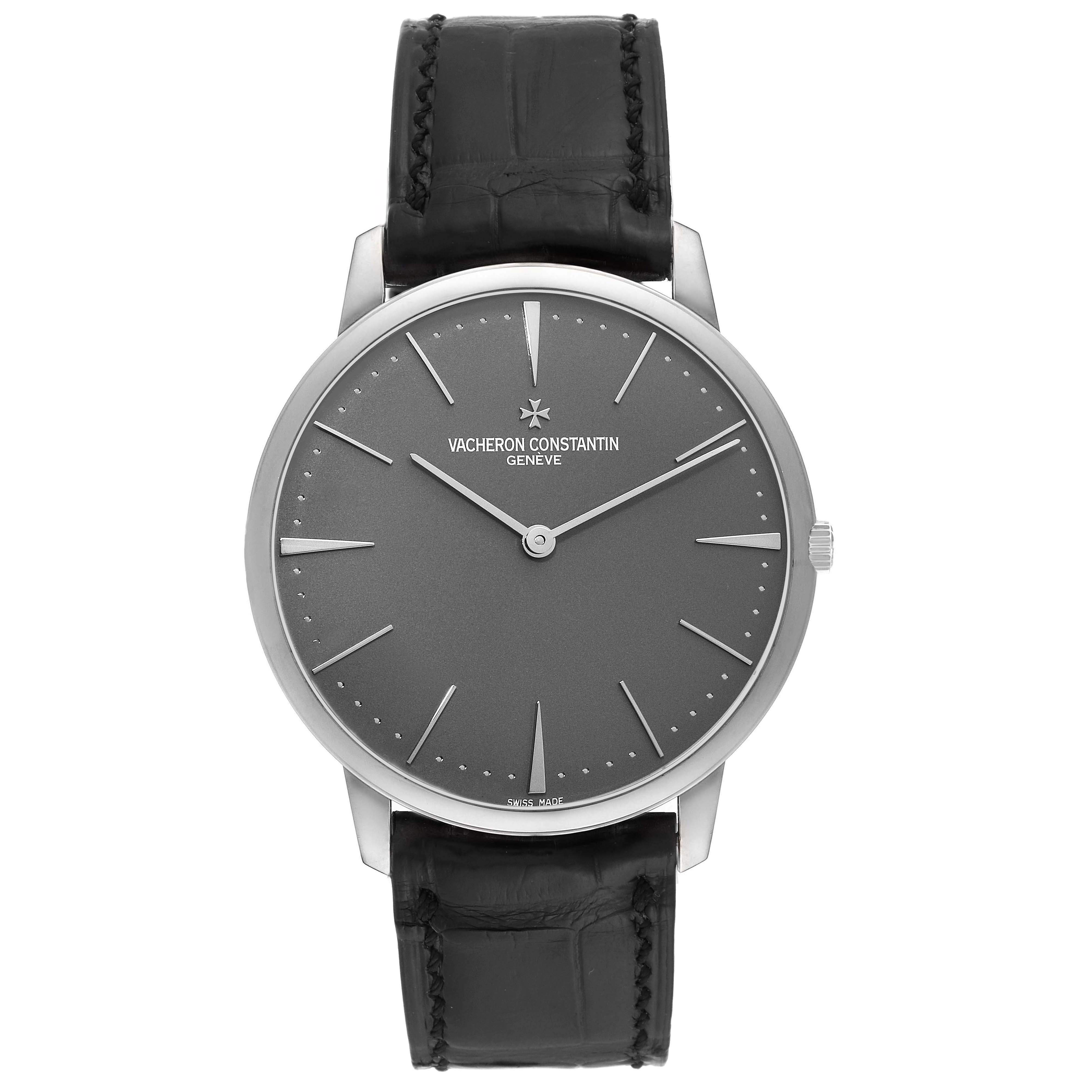 The image shows a front view of the Vacheron Constantin Patrimony 81180/000P-9539 Men's Platinum Grey Dial 81180/000P-9539 Men's Platinum Grey Dial watch, displaying its face, hands, and black leather strap.