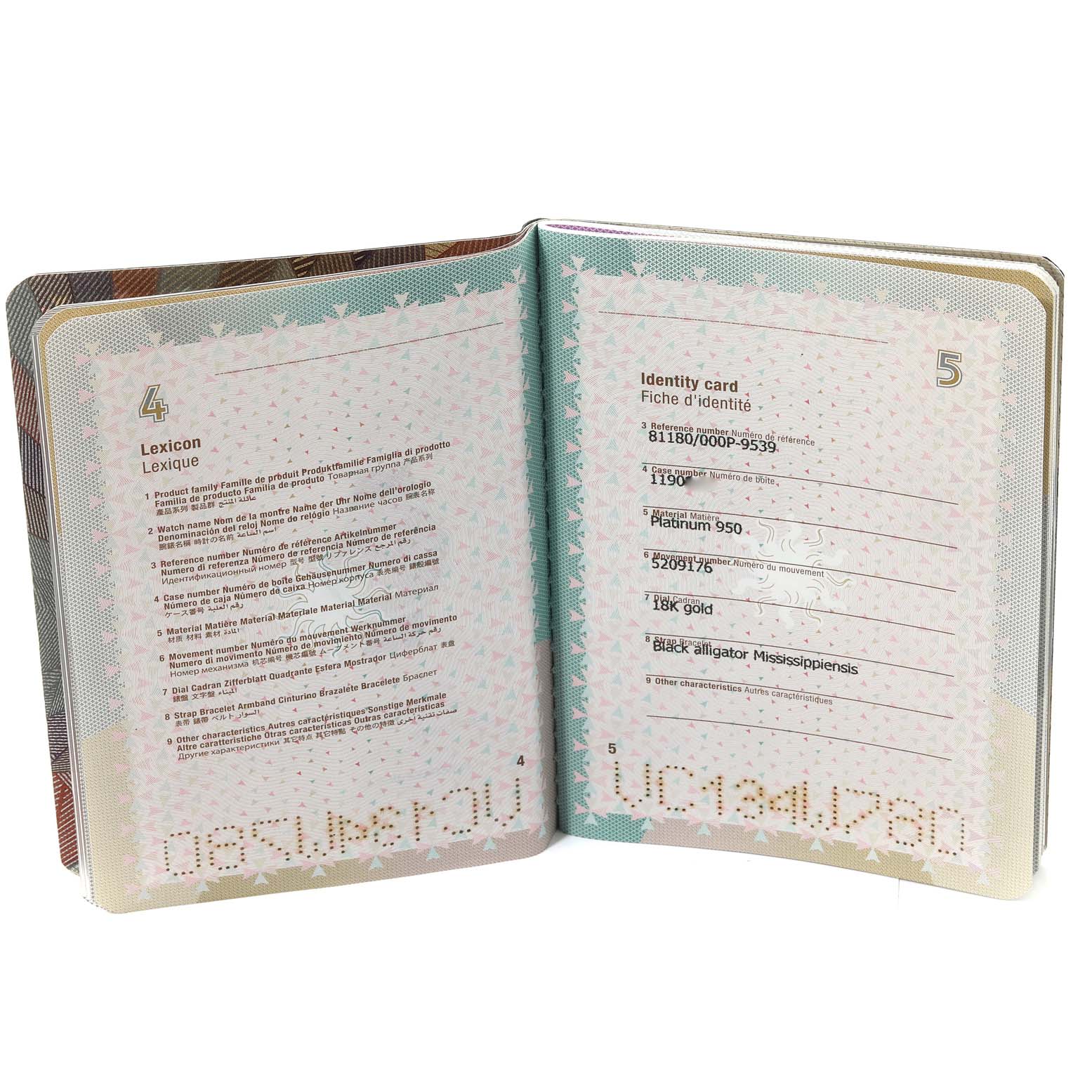 The image shows an open booklet with information on the Vacheron Constantin Patrimony 81180/000P-9539 Men's Platinum Grey Dial 81180/000P-9539 Men's Platinum Grey Dial watch model, detailing materials and specifications.