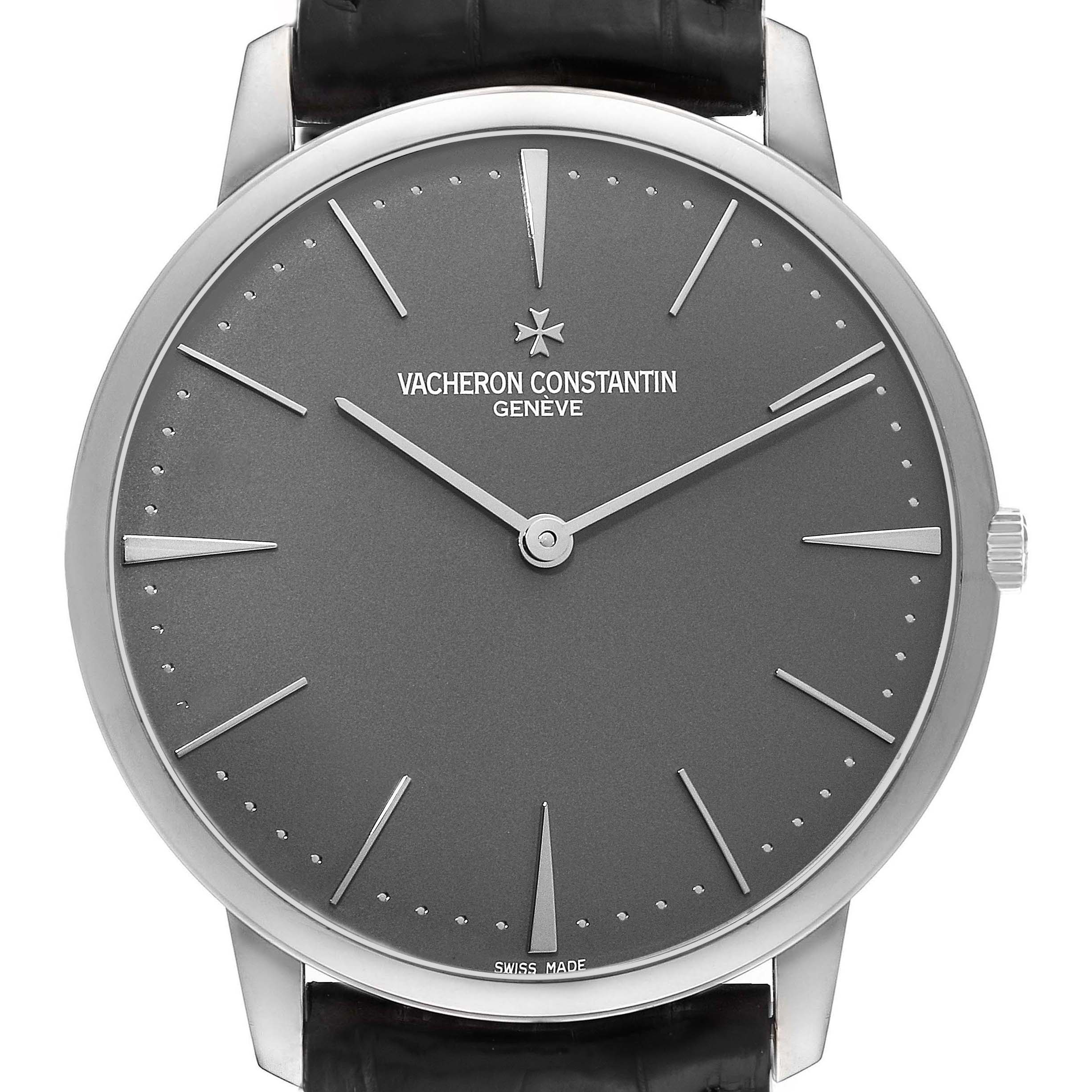 The image shows a front view of the Vacheron Constantin Patrimony 81180/000P-9539 Men's Platinum Grey Dial 81180/000P-9539 Men's Platinum Grey Dial watch displaying its dial, hands, and crown.
