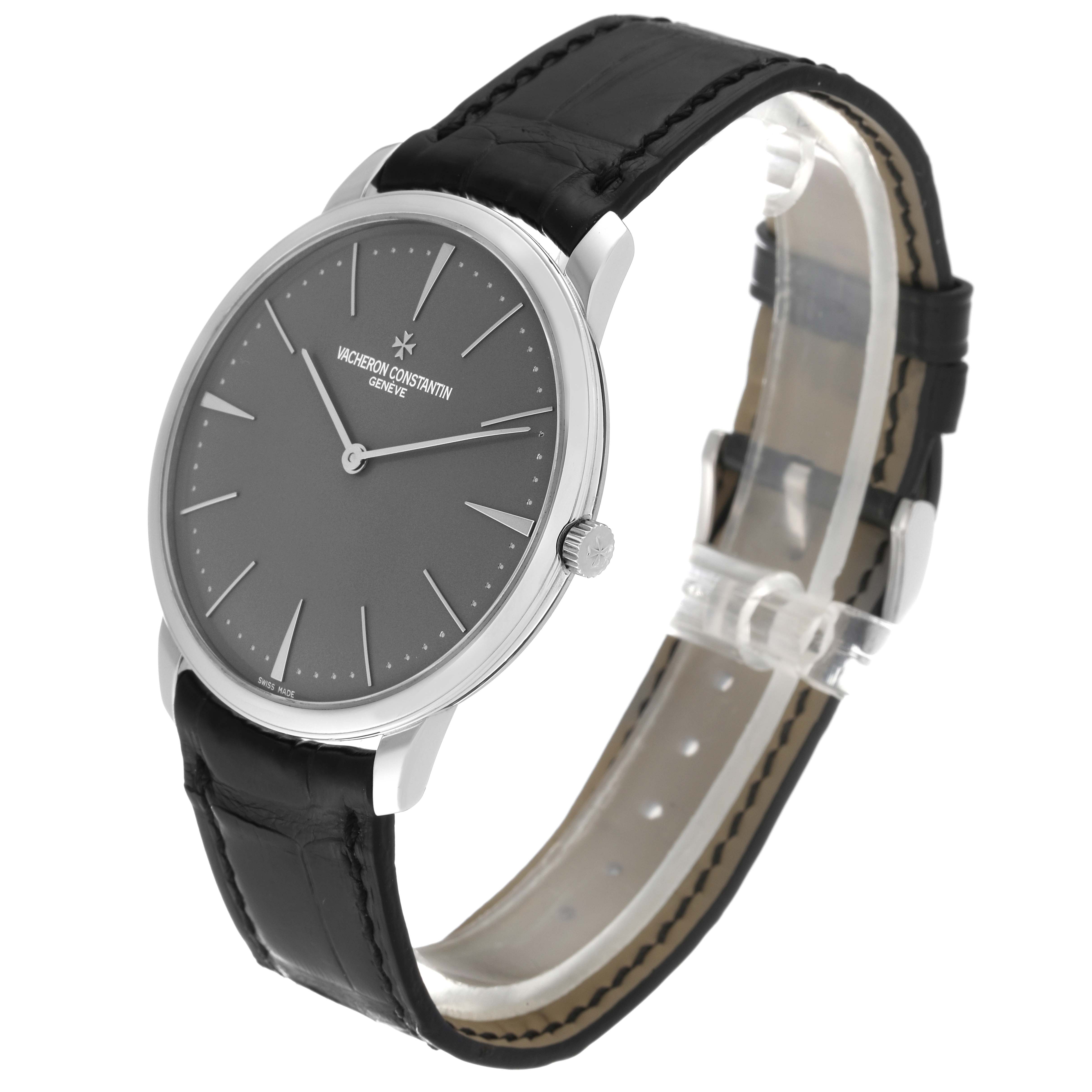 The image shows a Vacheron Constantin Patrimony 81180/000P-9539 Men's Platinum Grey Dial 81180/000P-9539 Men's Platinum Grey Dial watch at a side angle, highlighting the dial, case, and leather strap.