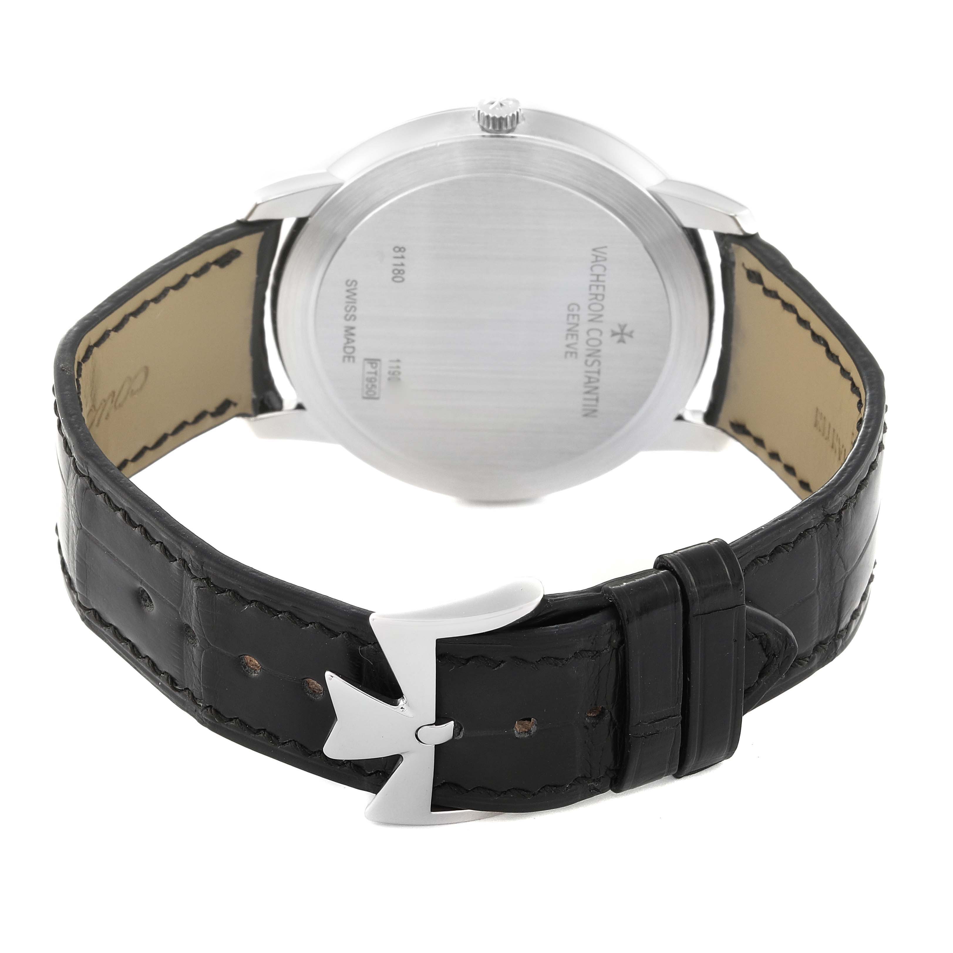 The image shows the backside and strap of a Vacheron Constantin Patrimony 81180/000P-9539 Men's Platinum Grey Dial 81180/000P-9539 Men's Platinum Grey Dial watch at an angle highlighting the clasp and case back.