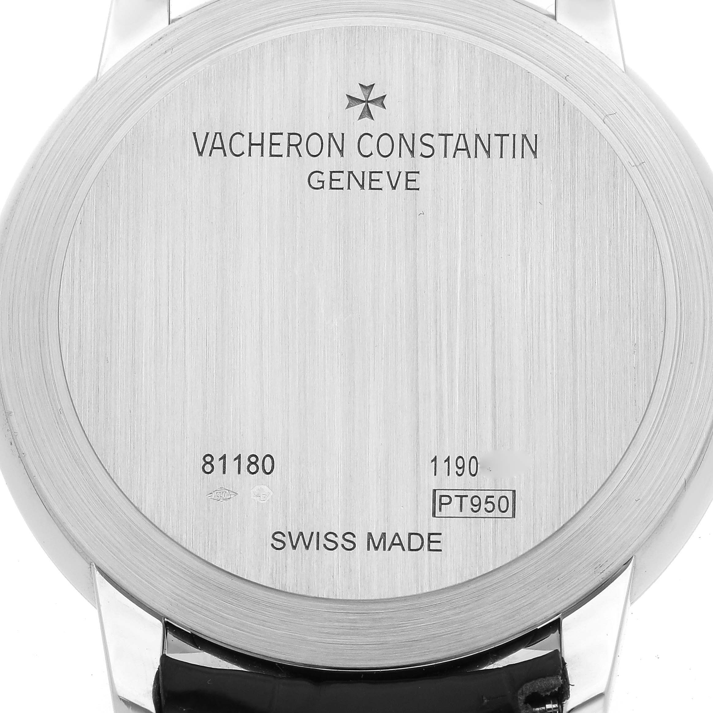 The image shows the back of the Vacheron Constantin Patrimony 81180/000P-9539 Men's Platinum Grey Dial 81180/000P-9539 Men's Platinum Grey Dial watch, highlighting the engravings and metal details.