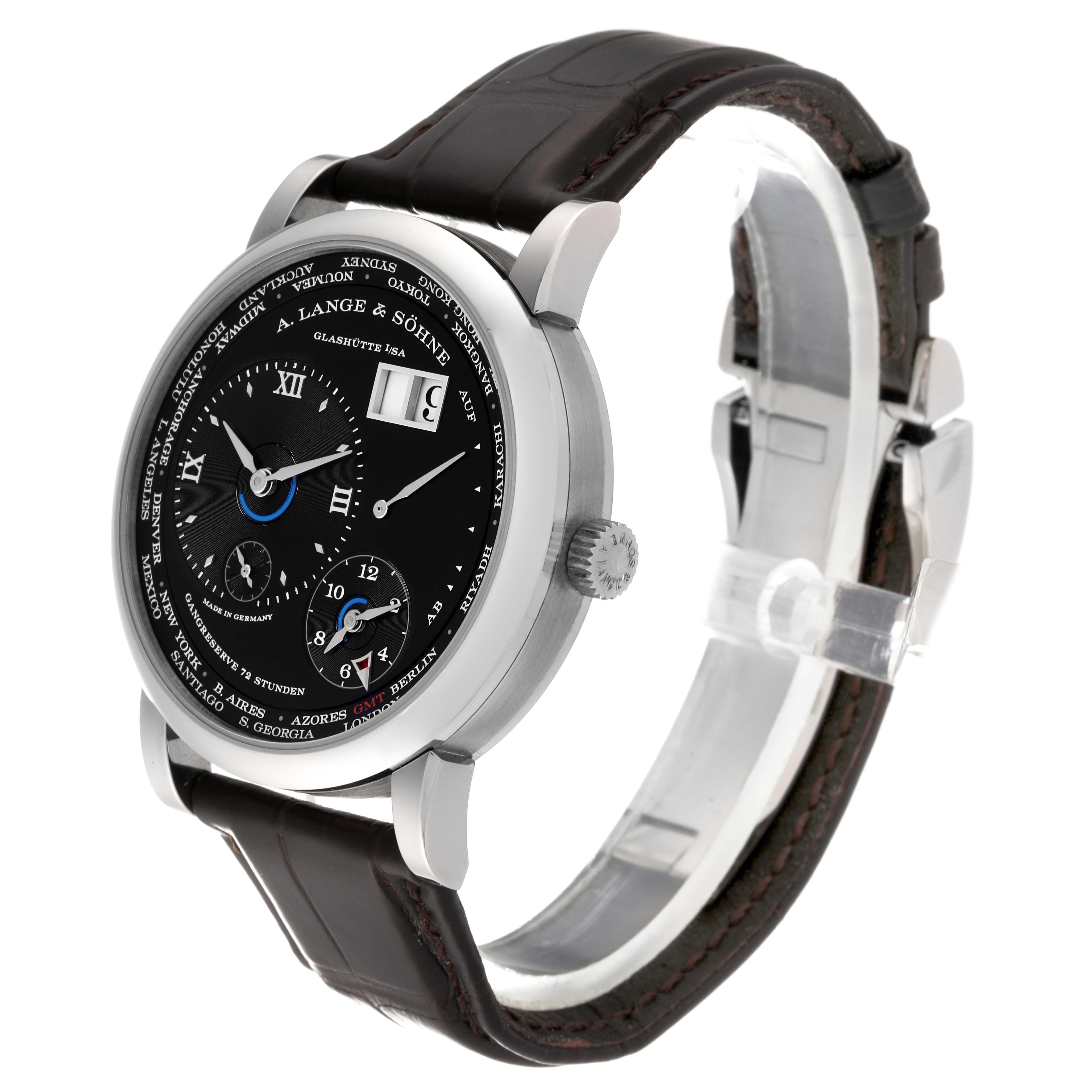 The image shows a side-angle view of the A. Lange & Sohne Lange 1 136.029 Men's White Gold Black Dial watch, displaying its dial, crown, and leather strap.