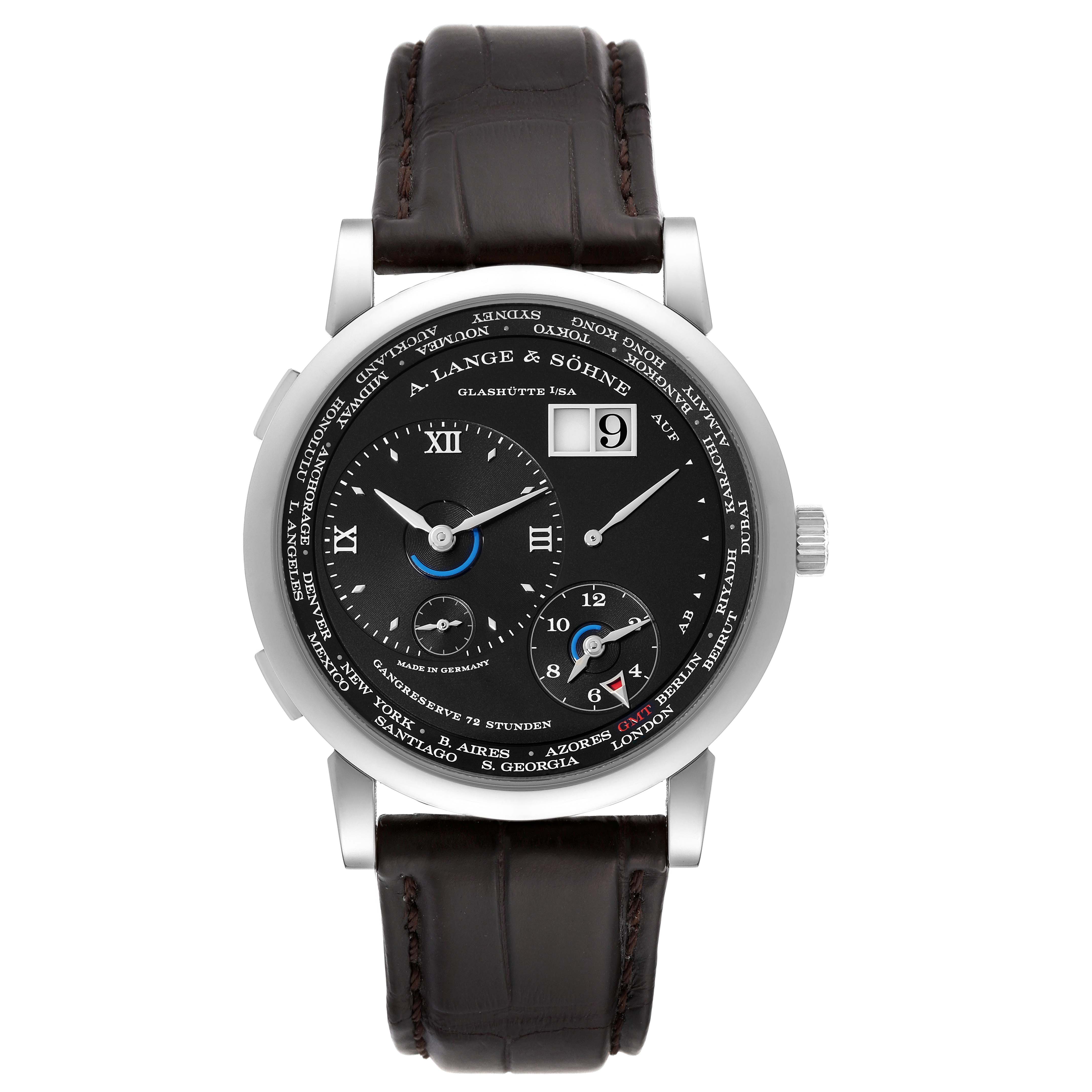 This image shows a front view of the A. Lange & Sohne Lange 1 136.029 Men's White Gold Black Dial watch, displaying the dial, hands, sub-dials, and leather strap.
