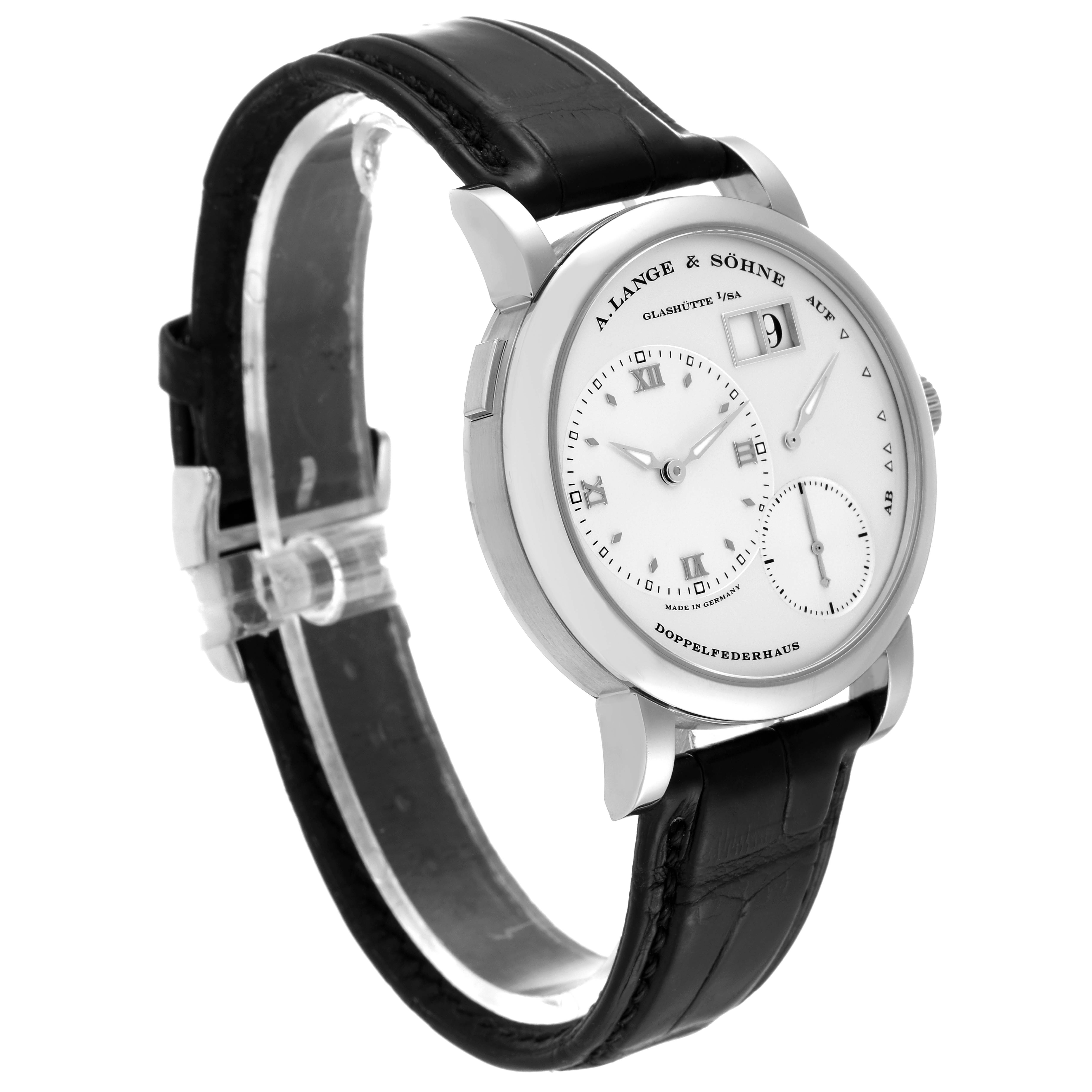 The image shows an A. Lange & Sohne Lange 1 191.039 Men's White Gold Silver Dial watch at a three-quarter angle, highlighting the face, case, and leather strap.