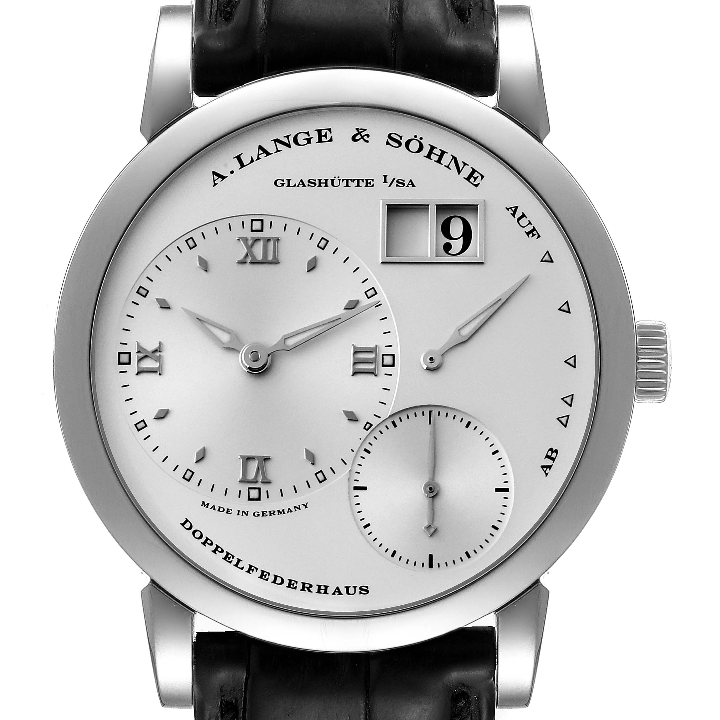 The A. Lange & Sohne Lange 1 watch is shown from the front, highlighting its face, hands, dial, and leather strap.