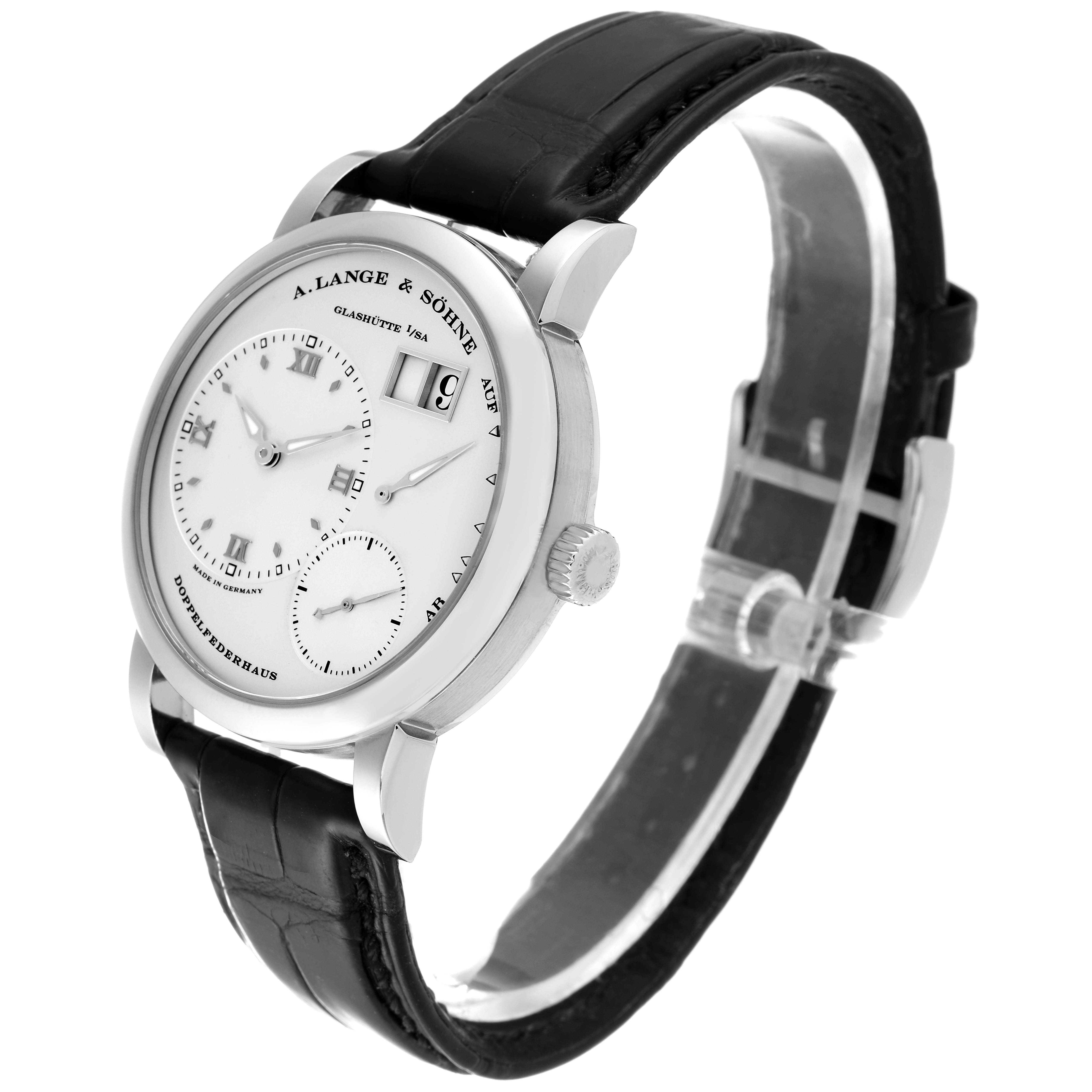 The image shows a side angle of the A. Lange & Sohne Lange 1 191.039 Men's White Gold Silver Dial watch, highlighting its dial, crown, and leather strap.