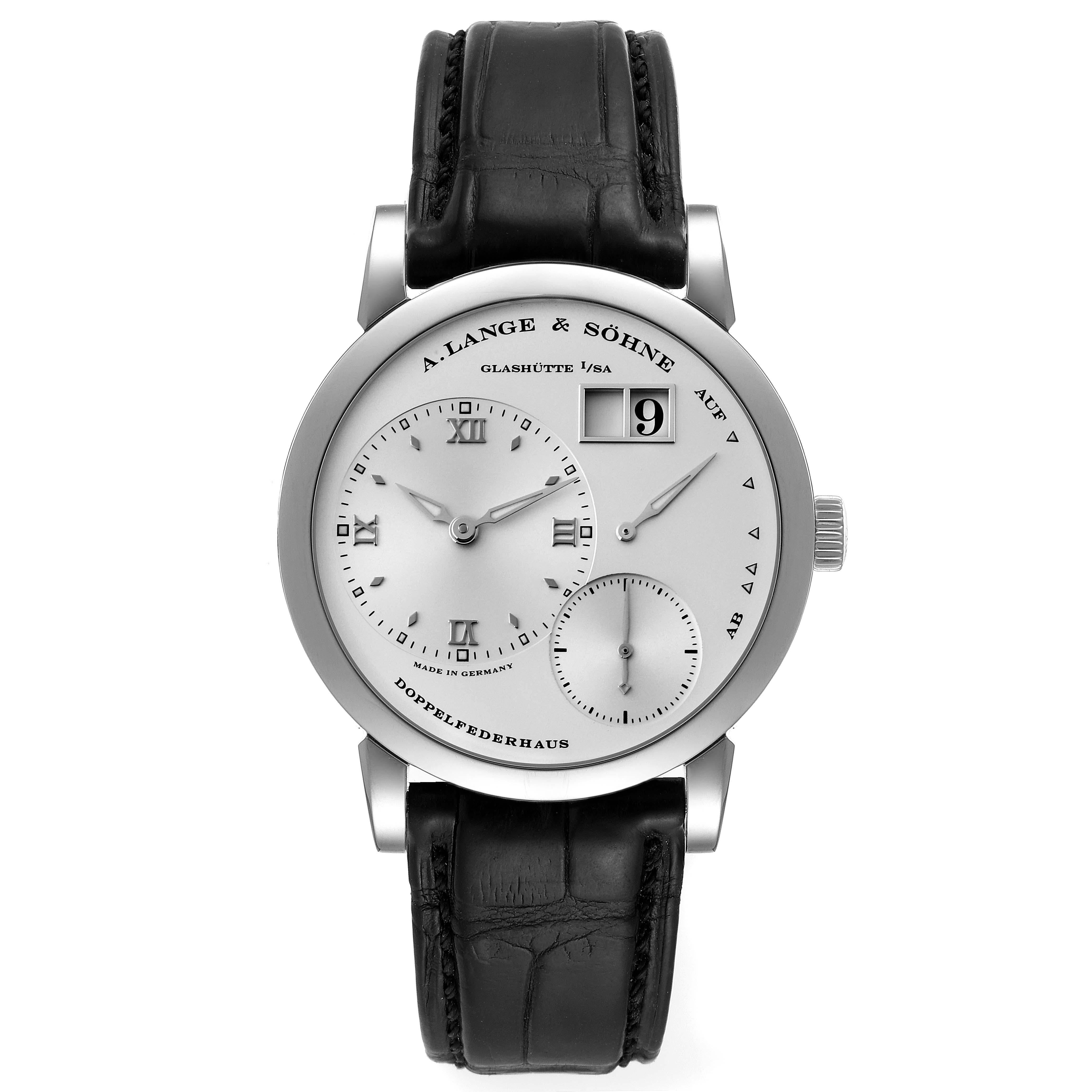 The image shows a front view of the Lange 1 watch by A. Lange & Sohne, highlighting its dial, date window, and leather strap.