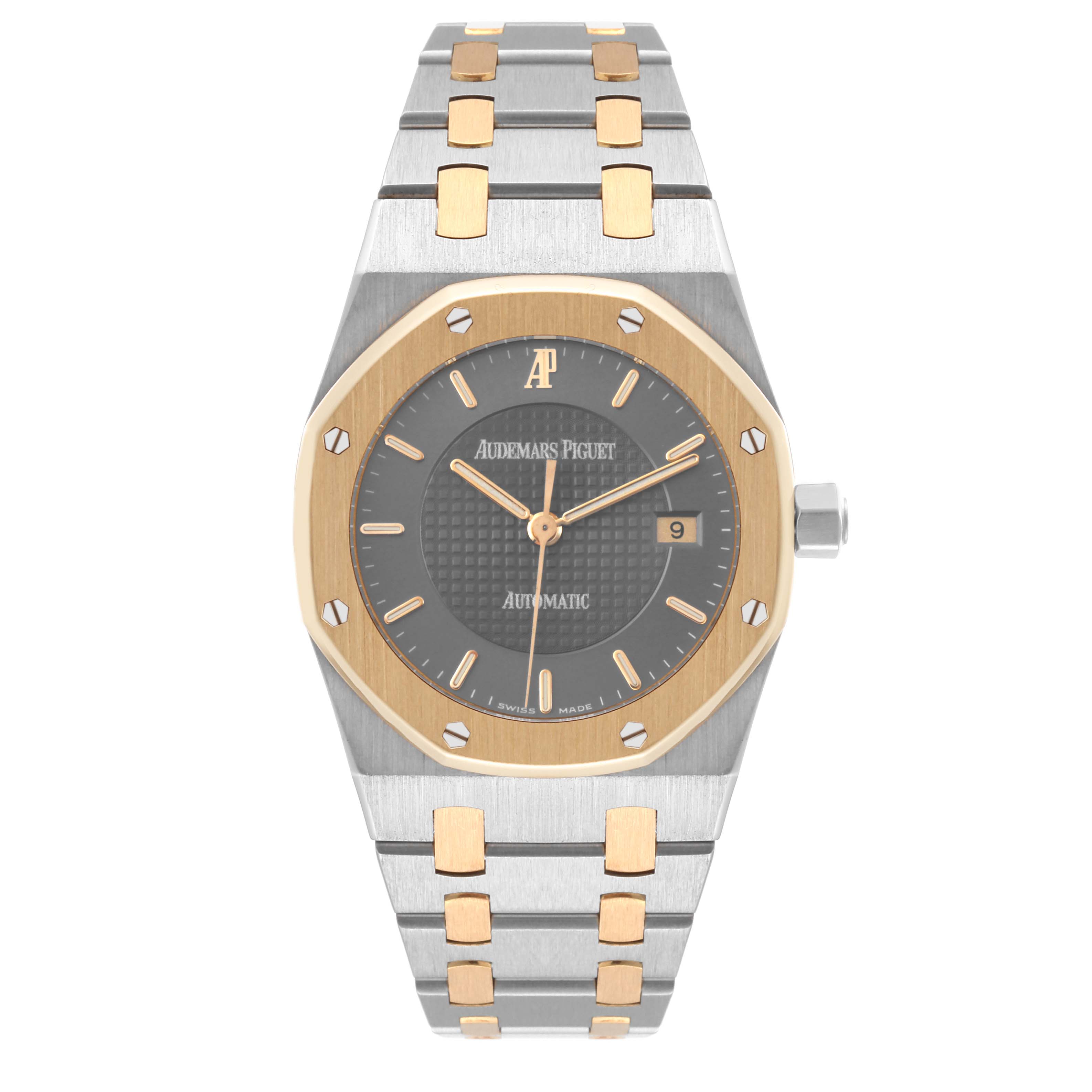 This image shows a front view of an Audemars Piguet Royal Oak 15050SA.O.0789SA.01 Men's Steel and Gold (two tone) Grey Dial 15050SA.O.0789SA.01 Men's Steel and Gold (two tone) Grey Dial watch, highlighting the dial, bezel, case, and bracelet.