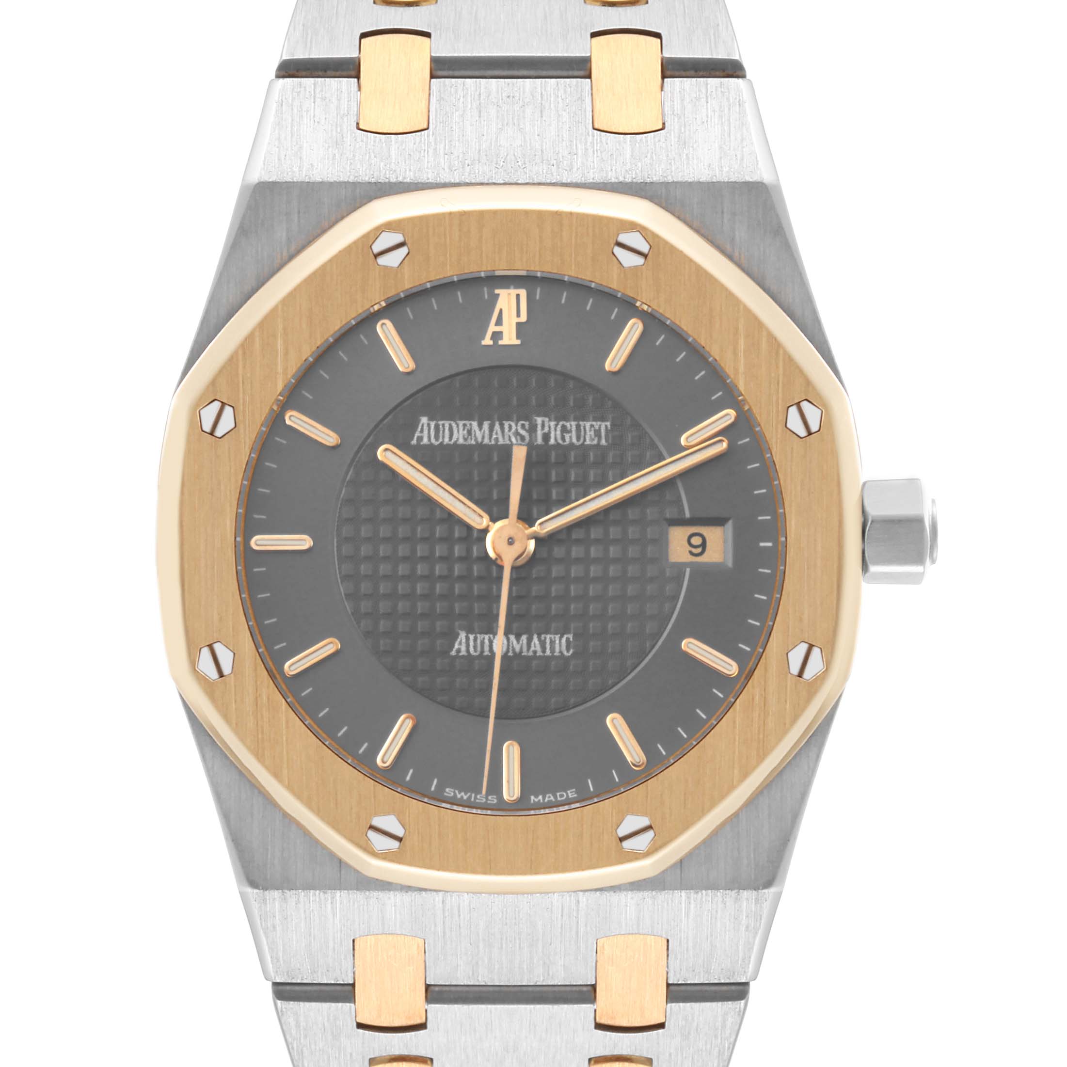 The image shows a front view of the Audemars Piguet Royal Oak 15050SA.O.0789SA.01 Men's Steel and Gold (two tone) Grey Dial 15050SA.O.0789SA.01 Men's Steel and Gold (two tone) Grey Dial watch, displaying the dial, bezel, and part of the bracelet.