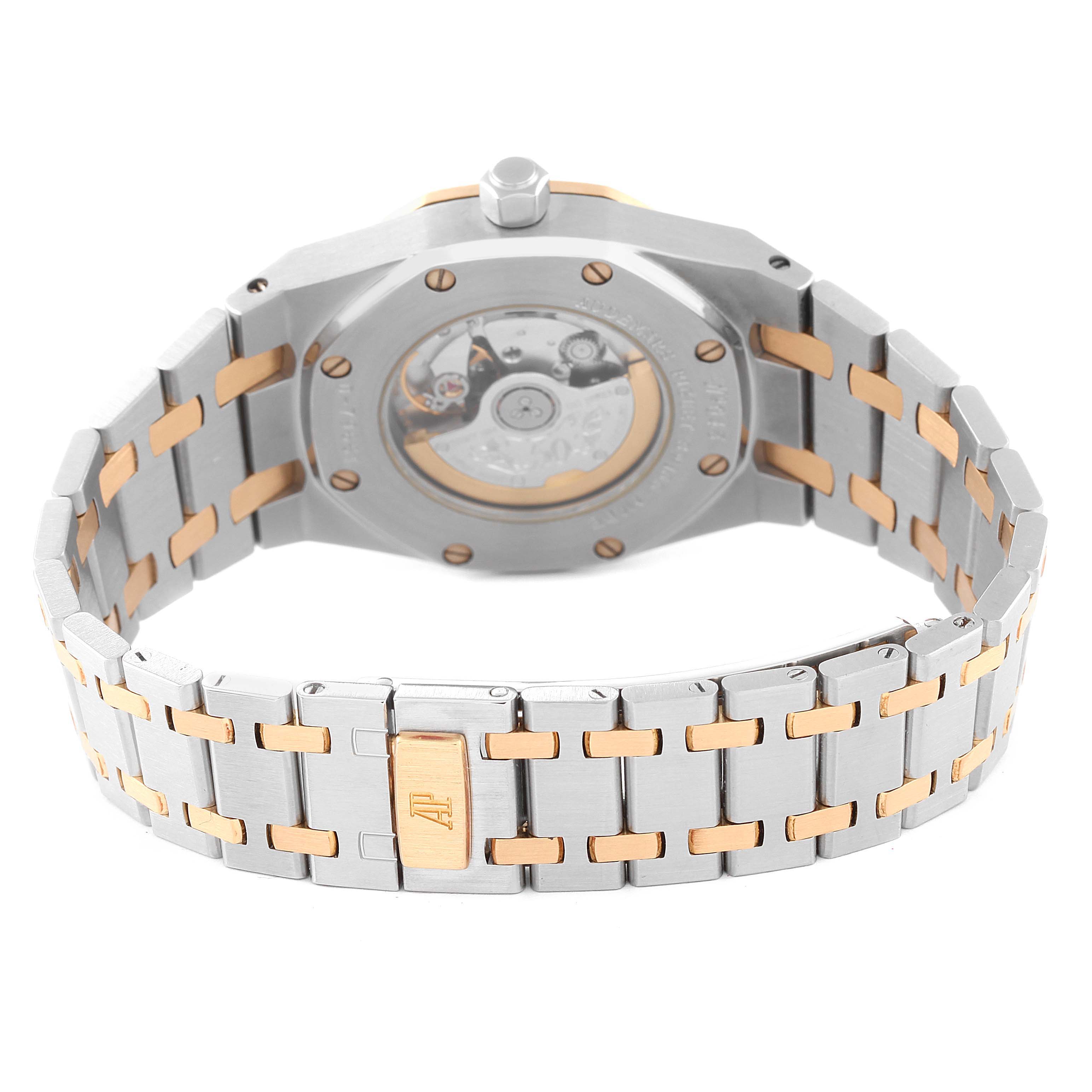 This image shows the back case and bracelet of the Audemars Piguet Royal Oak 15050SA.O.0789SA.01 Men's Steel and Gold (two tone) Grey Dial 15050SA.O.0789SA.01 Men's Steel and Gold (two tone) Grey Dial watch from a rear angle.