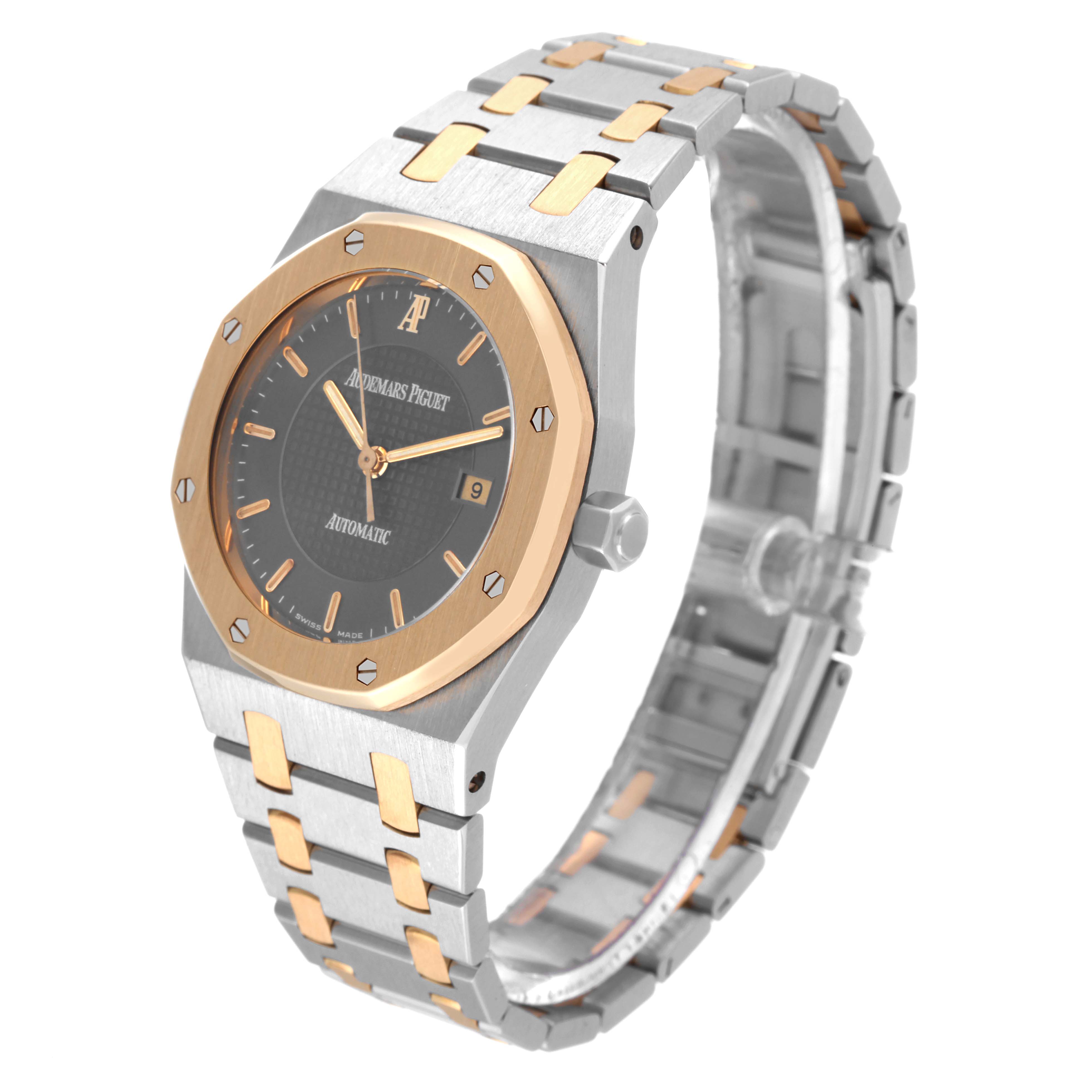 The image shows a three-quarter angle view of the front and bracelet of the Audemars Piguet Royal Oak 15050SA.O.0789SA.01 Men's Steel and Gold (two tone) Grey Dial 15050SA.O.0789SA.01 Men's Steel and Gold (two tone) Grey Dial watch.