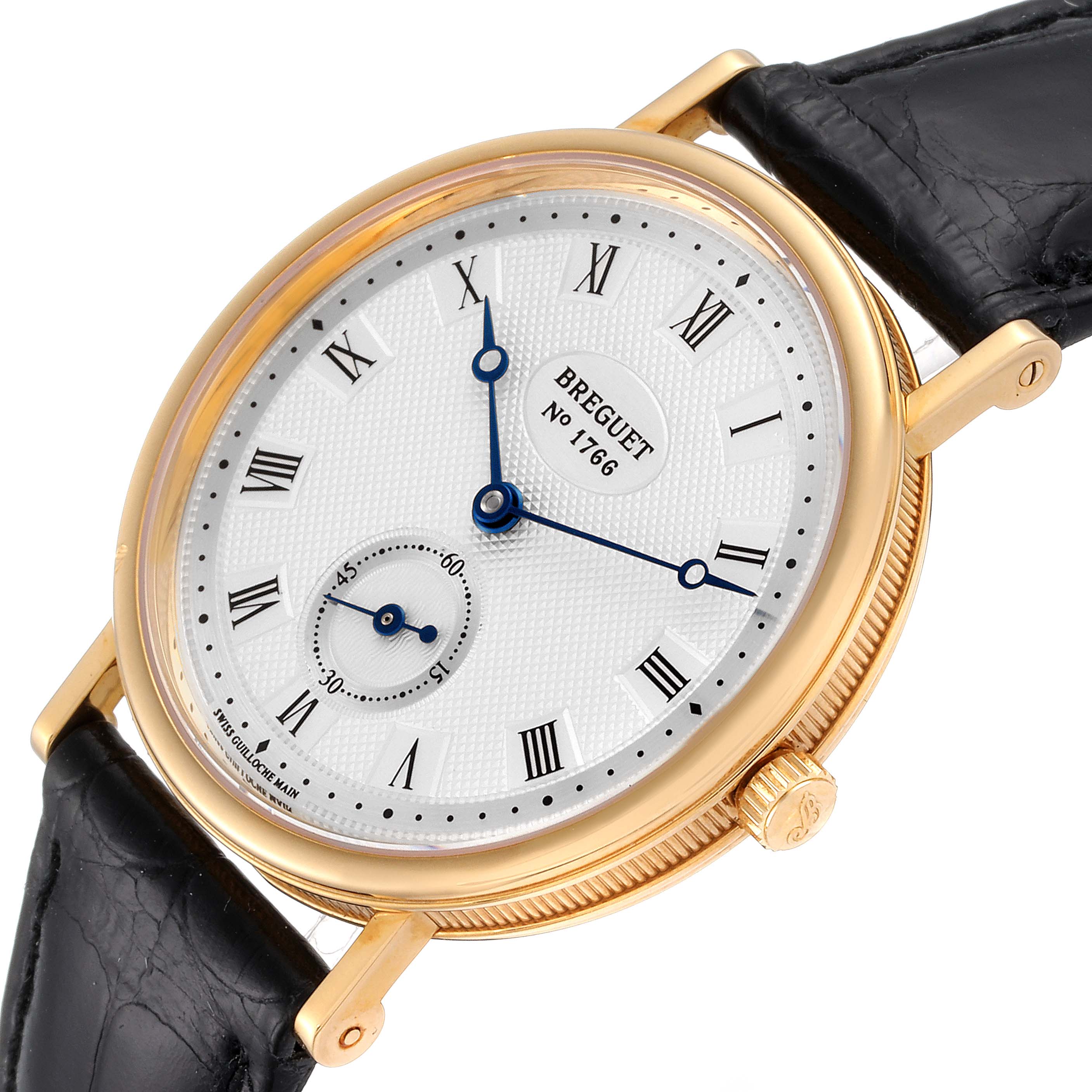 This image shows a close-up, angled view of the Breguet Classique 3910BA/15/286 Men's Yellow Gold Silver Dial 3910BA/15/286 Men's Yellow Gold Silver Dial watch, highlighting its face, hands, and black strap.