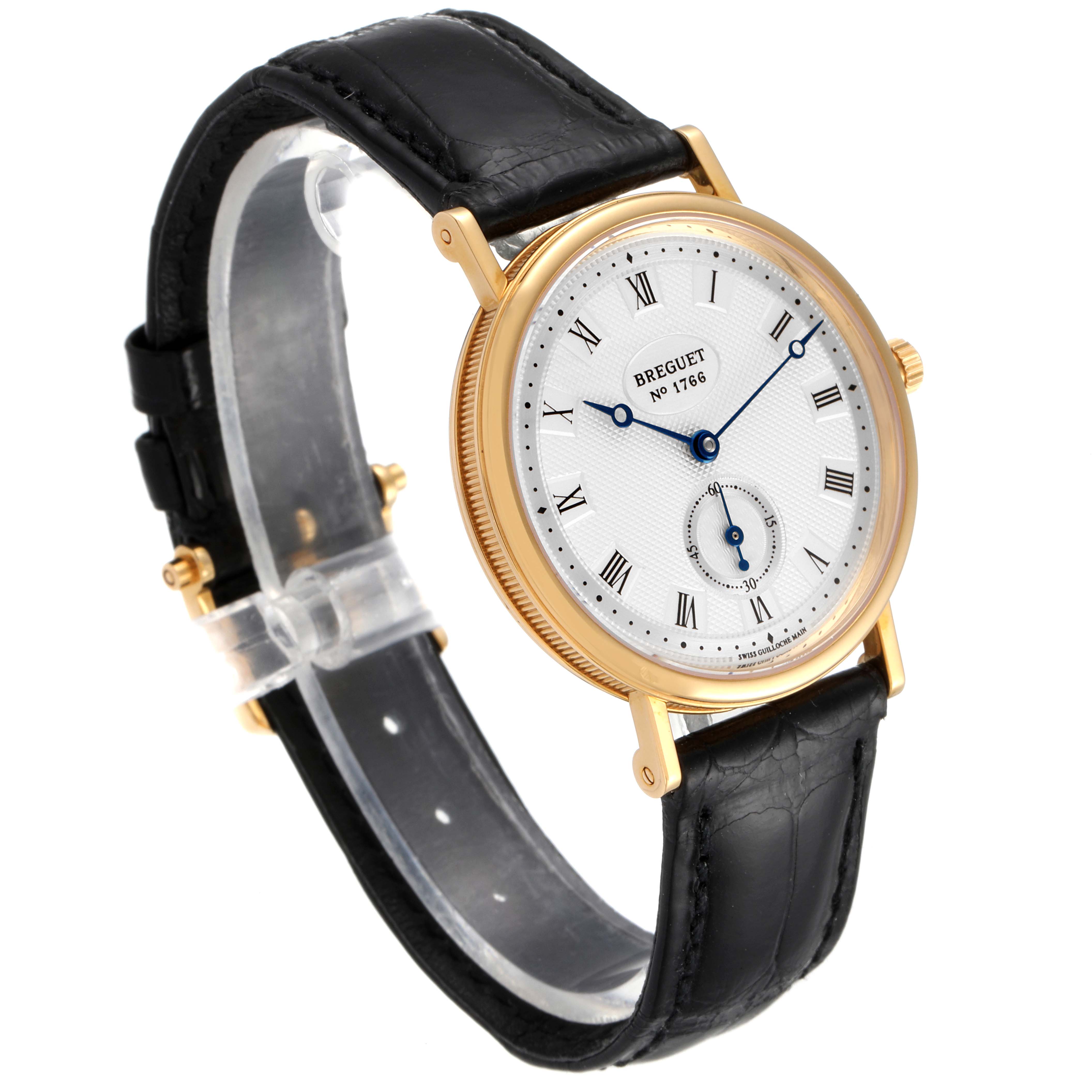 The Breguet Classique 3910BA/15/286 Men's Yellow Gold Silver Dial 3910BA/15/286 Men's Yellow Gold Silver Dial watch is shown at a three-quarter angle, highlighting its face, black leather strap, and gold case.