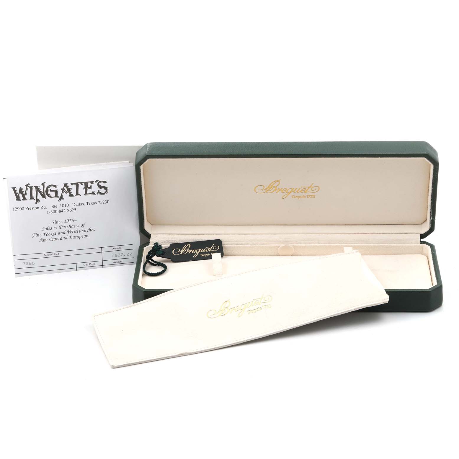 The image shows the open box, hangtag, and paperwork for a Breguet Classique 3910BA/15/286 Men's Yellow Gold Silver Dial 3910BA/15/286 Men's Yellow Gold Silver Dial watch.