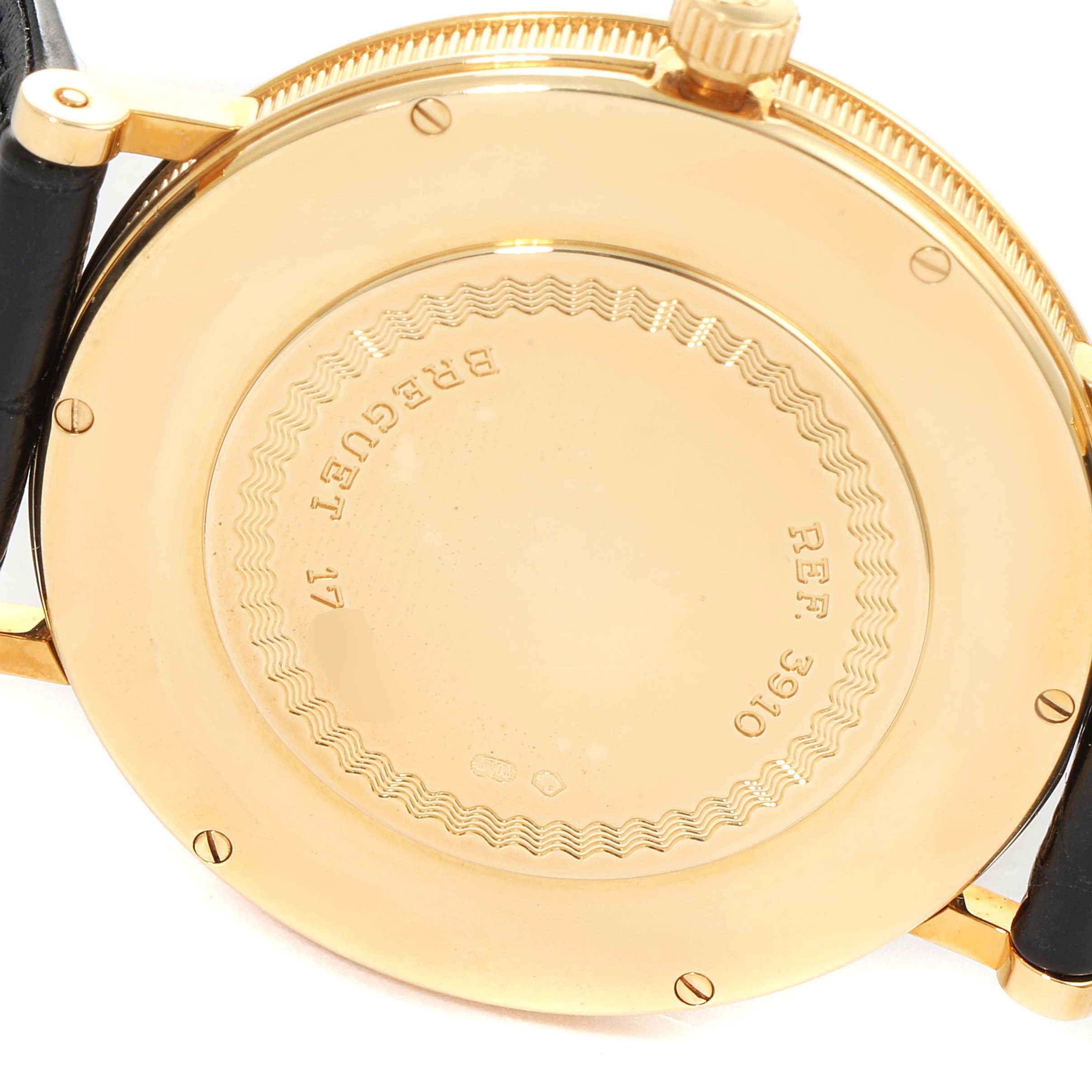 The image shows the back case of a Breguet Classique 3910BA/15/286 Men's Yellow Gold Silver Dial 3910BA/15/286 Men's Yellow Gold Silver Dial model watch, emphasizing the engraved branding and reference number.