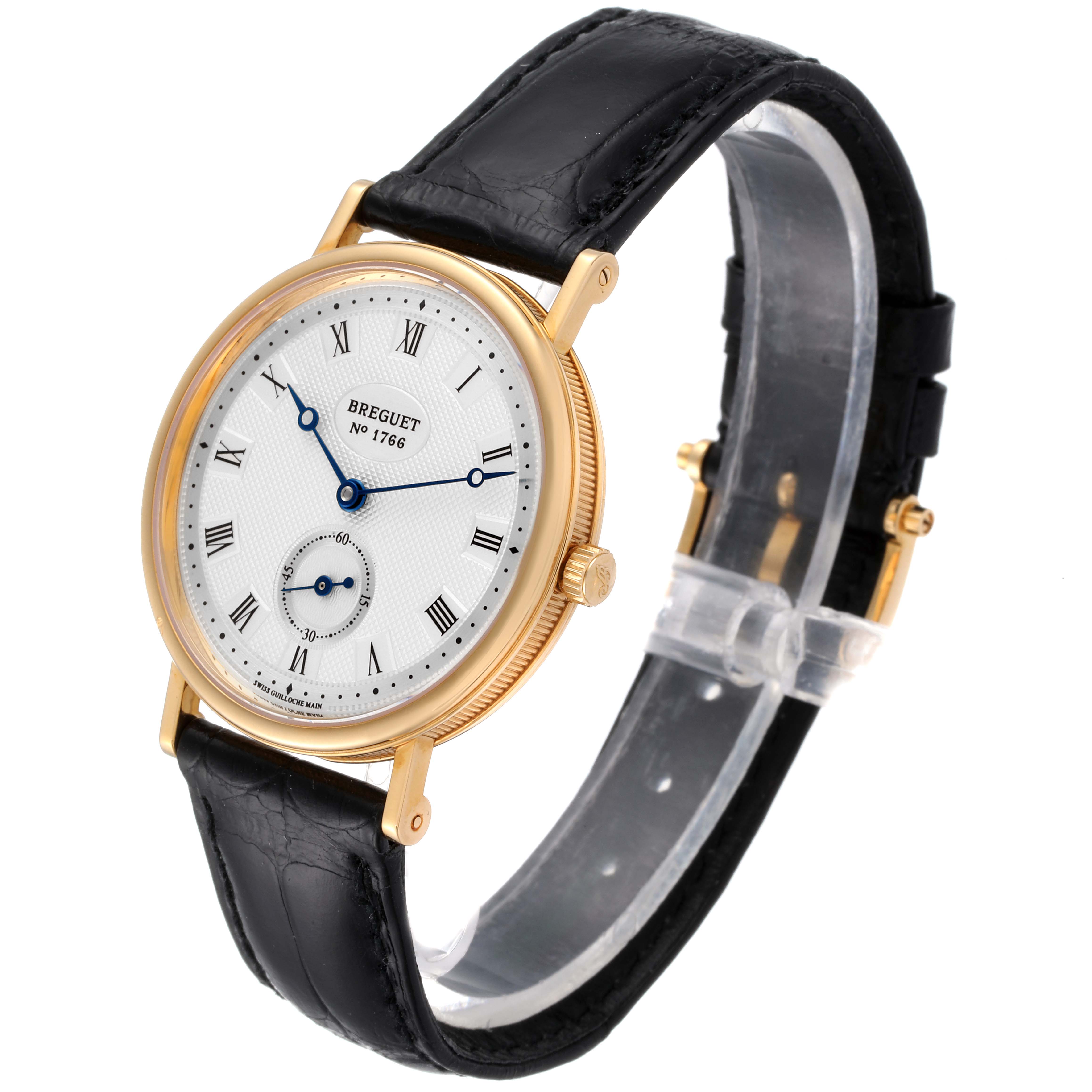 The image shows a side angle of a Breguet Classique 3910BA/15/286 Men's Yellow Gold Silver Dial 3910BA/15/286 Men's Yellow Gold Silver Dial watch, highlighting its gold case and black leather strap.