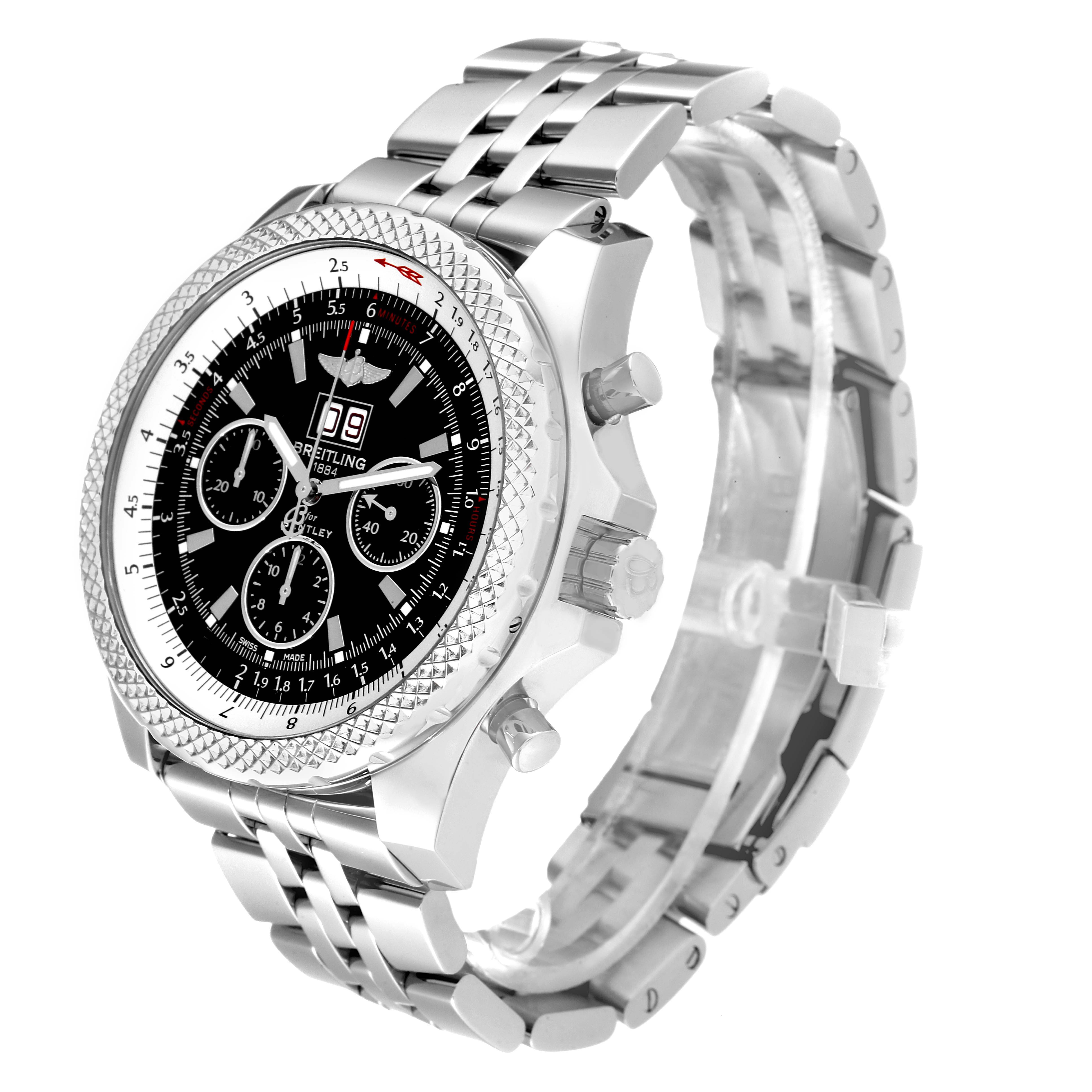 The Breitling Bentley A44364 Men's Stainless Steel Black Dial A44364 Men's Stainless Steel Black Dial model watch is shown at a three-quarter angle, featuring its face, bezel, and complete metal bracelet.