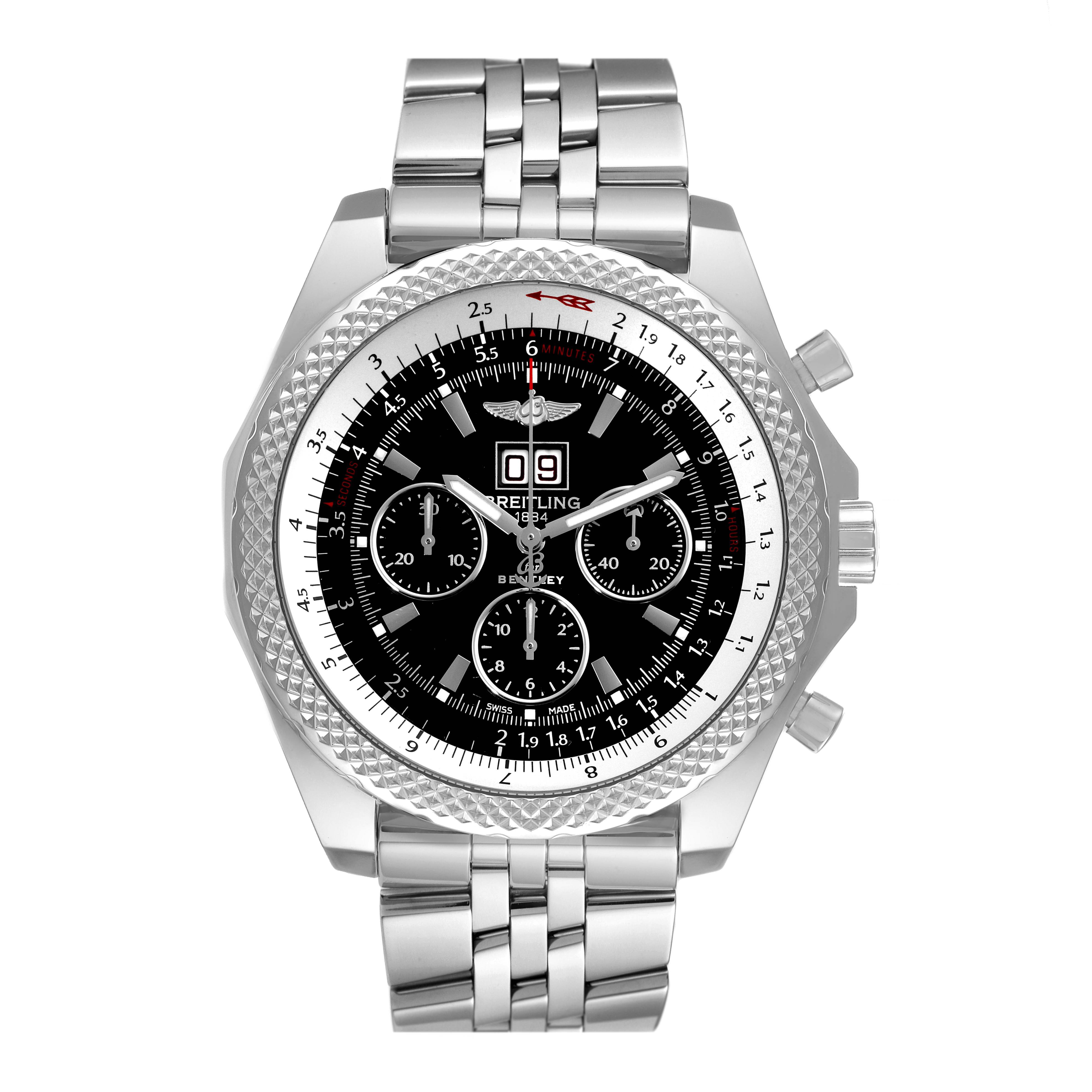 This is a frontal view of the Breitling Bentley A44364 Men's Stainless Steel Black Dial A44364 Men's Stainless Steel Black Dial model watch, showcasing its face, dials, bezel, and metal bracelet.