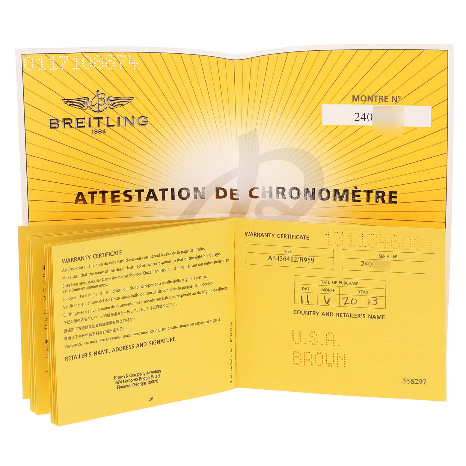 The image shows an open warranty certificate booklet for the Bentley model by Breitling, highlighting the serial number and purchase details.