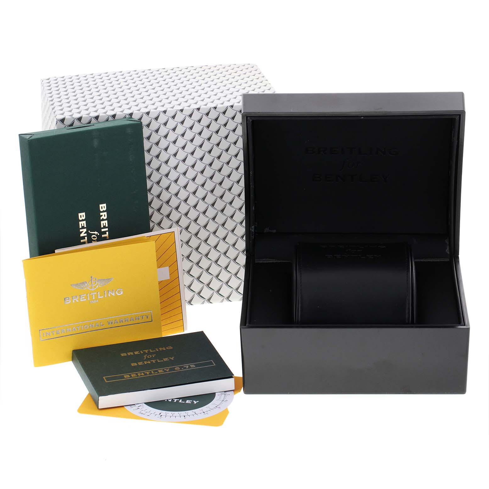 The image shows the packaging and accessories for a Bentley model watch by Breitling, including the box, warranty cards, and manuals.
