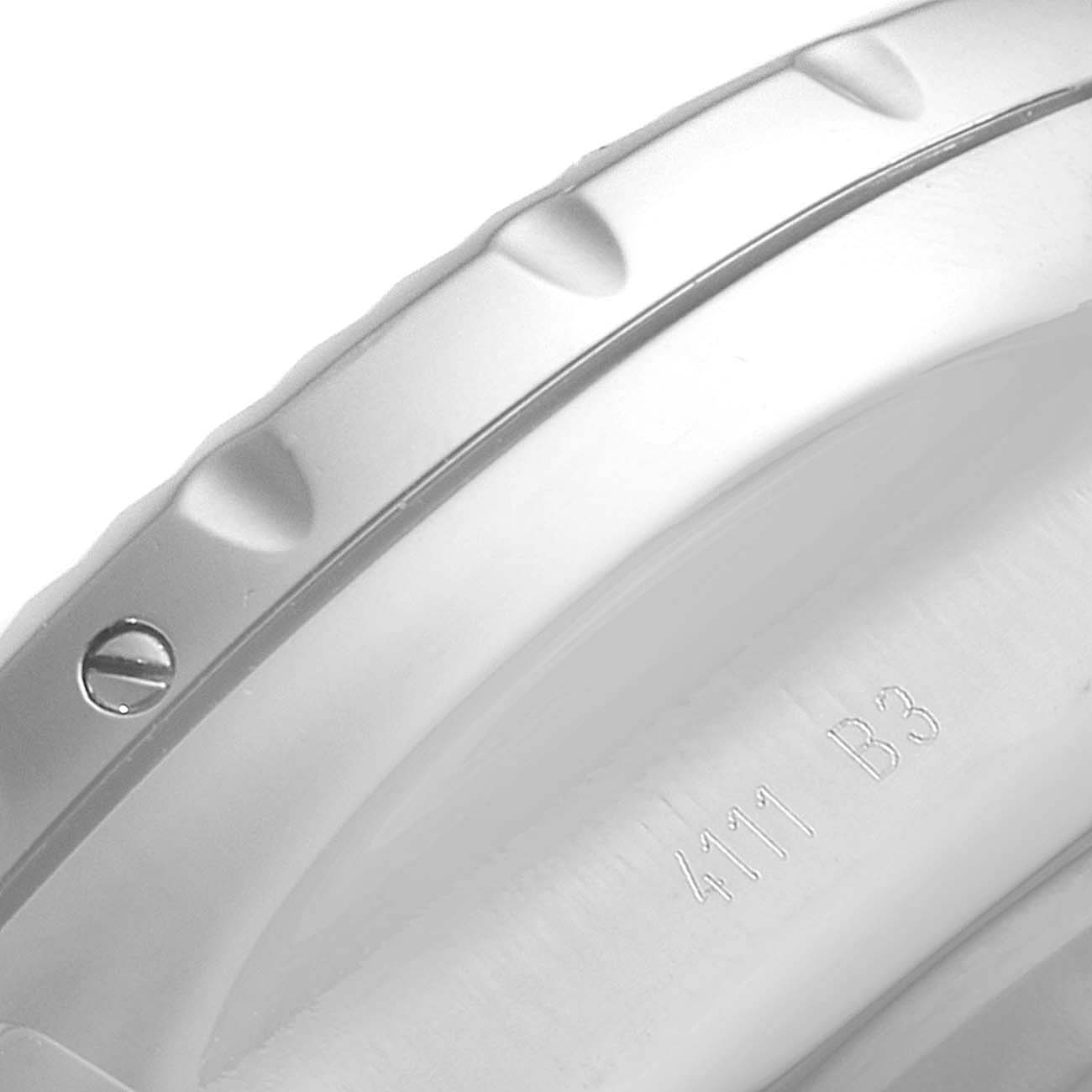 This image shows a close-up of the bezel and part of the case with engravings on a Breitling Bentley A44364 Men's Stainless Steel Black Dial A44364 Men's Stainless Steel Black Dial watch.