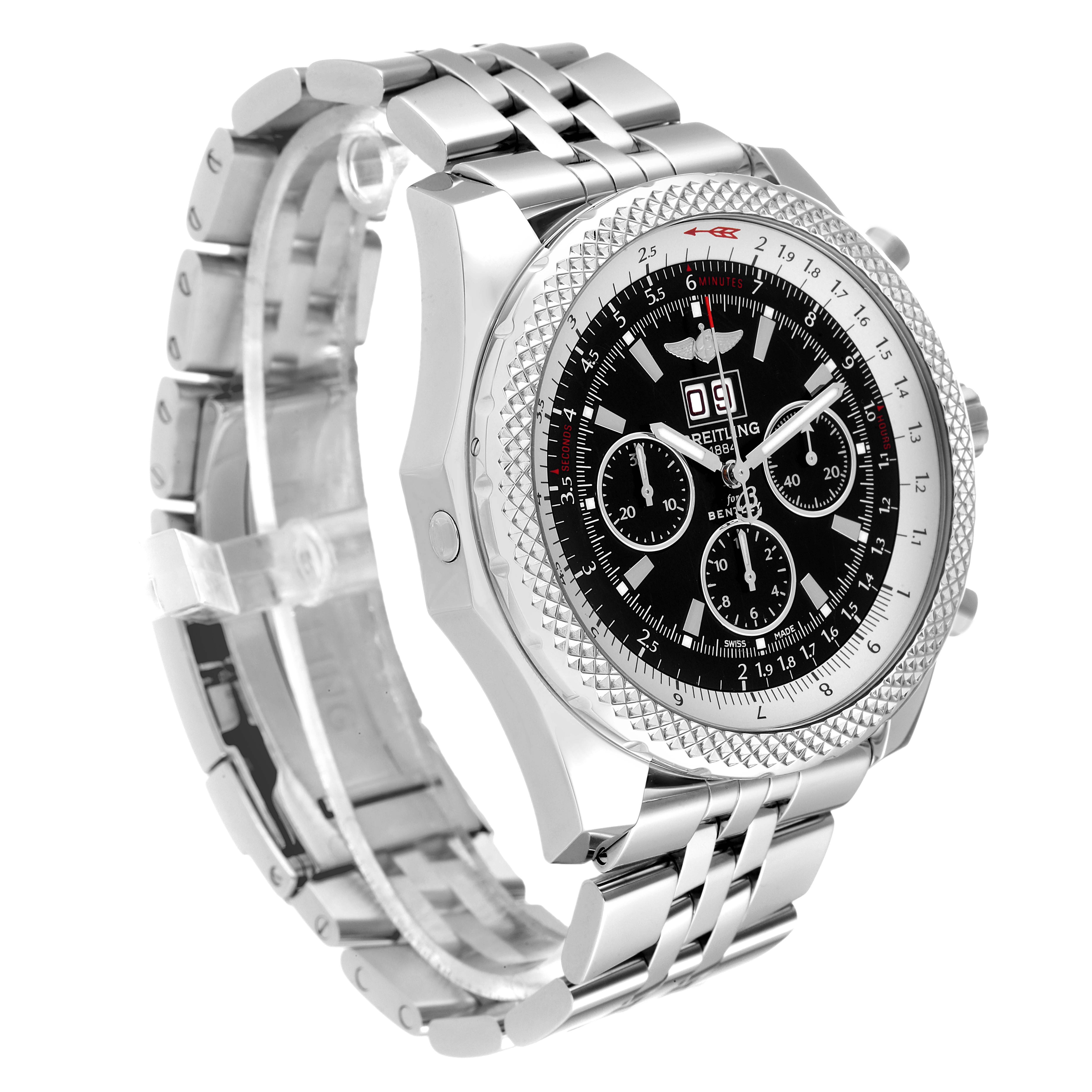 The image shows a Breitling Bentley A44364 Men's Stainless Steel Black Dial A44364 Men's Stainless Steel Black Dial watch from a front angle, highlighting its face, bezel, and metal band.
