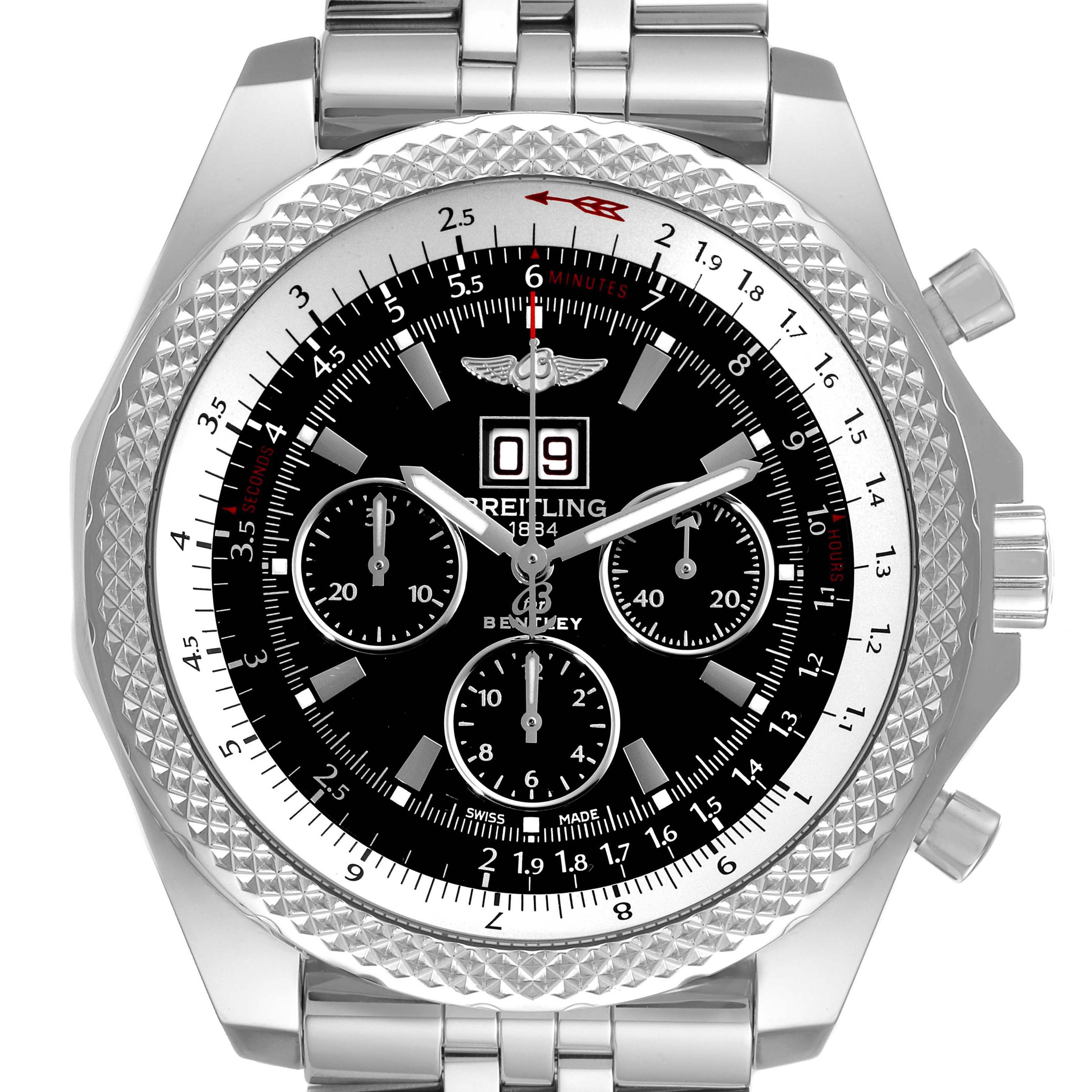 This image shows a front view of the Breitling Bentley A44364 Men's Stainless Steel Black Dial A44364 Men's Stainless Steel Black Dial watch, highlighting the face, bezel, and part of the metal strap.