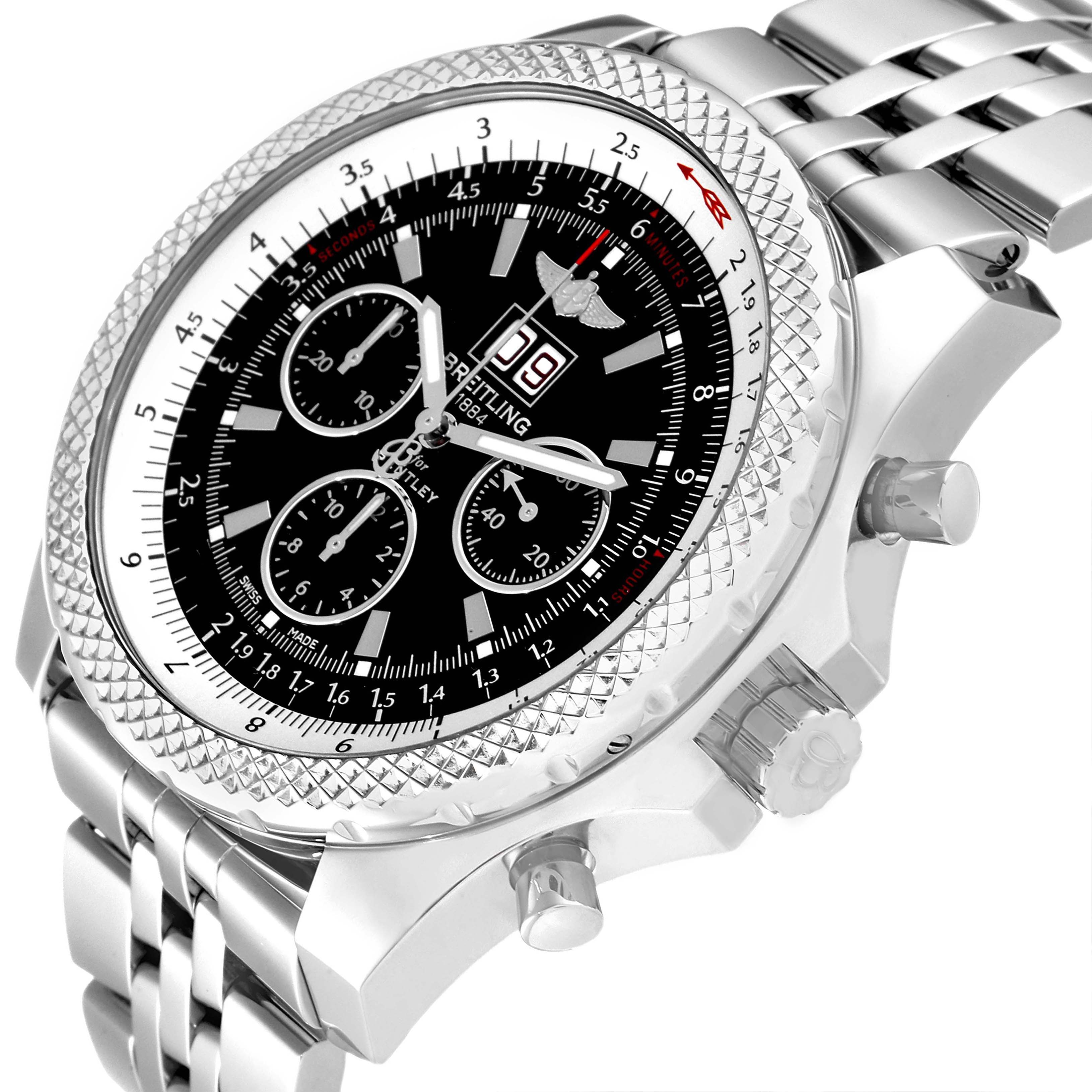 The image shows a close-up angle of the Breitling Bentley A44364 Men's Stainless Steel Black Dial A44364 Men's Stainless Steel Black Dial watch, focusing on the face, bezel, crown, and metal strap.
