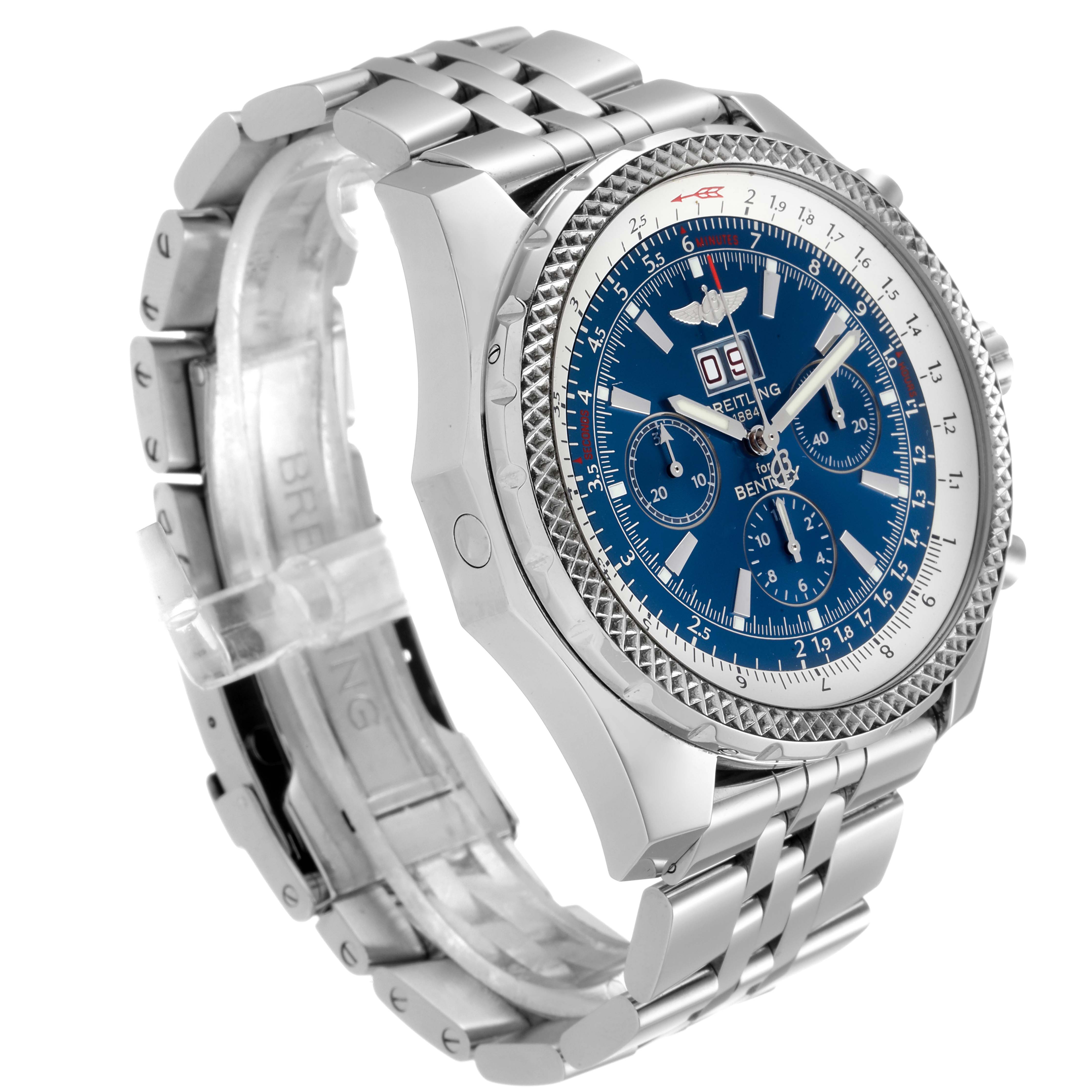The image shows a side-angle view of the Breitling Bentley A44362 Men's Stainless Steel Blue Dial A44362 Men's Stainless Steel Blue Dial watch, highlighting its dial, bezel, and linked metal bracelet.