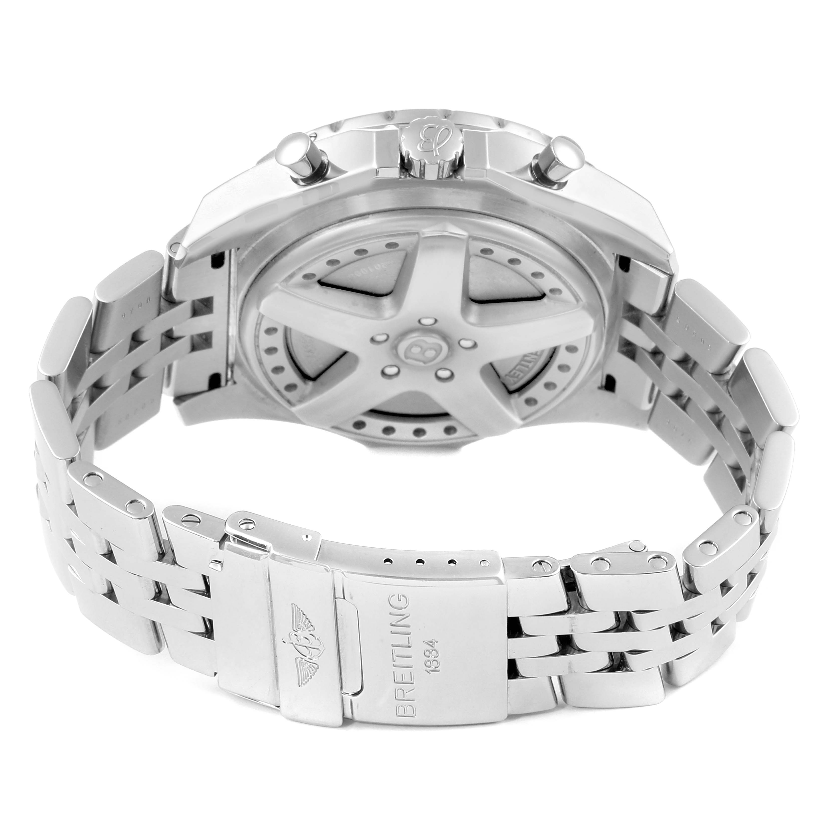 The image depicts the back view of the Breitling Bentley A44362 Men's Stainless Steel Blue Dial A44362 Men's Stainless Steel Blue Dial watch, showing its clasp, bracelet, and case back.