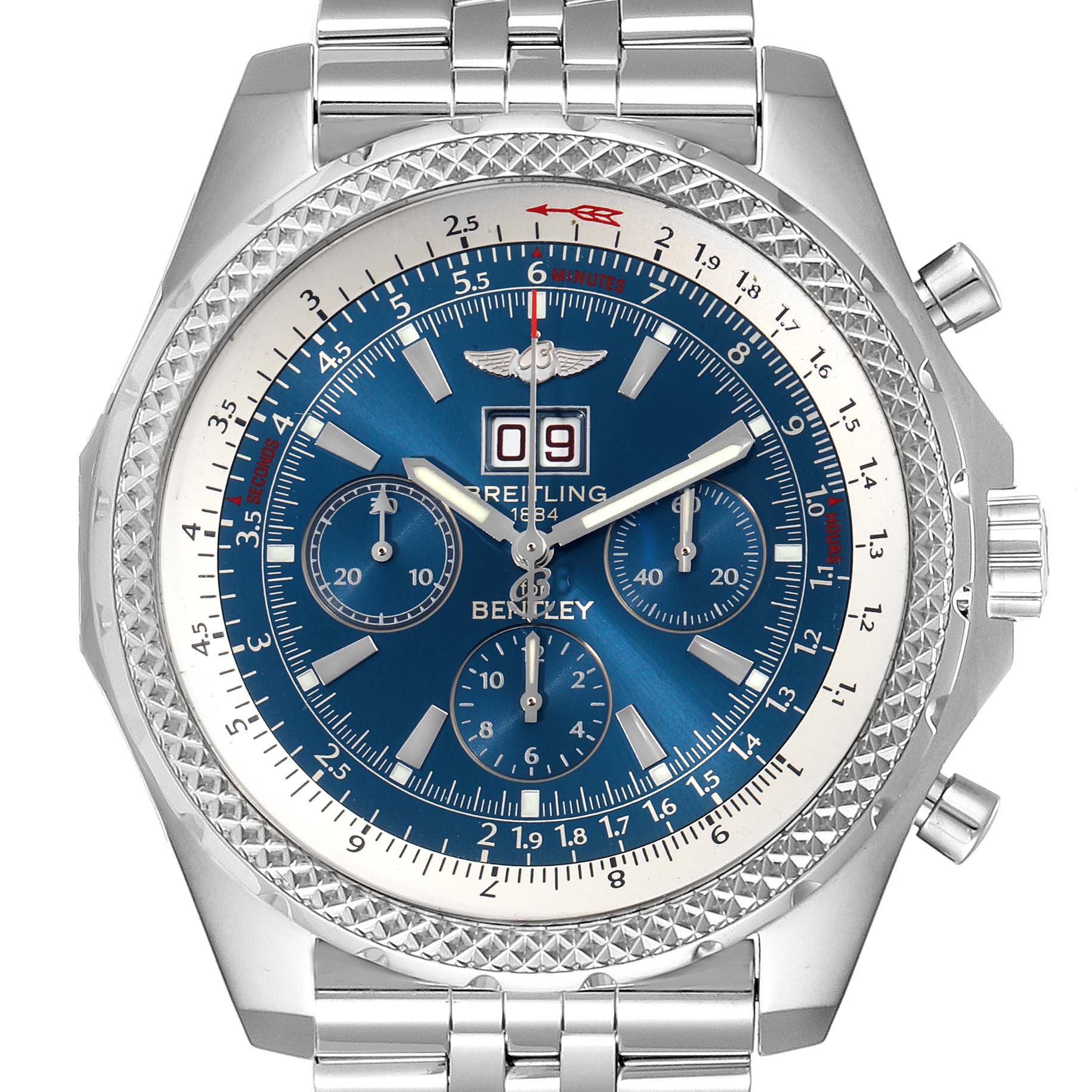 The image shows a front view of the Breitling Bentley A44362 Men's Stainless Steel Blue Dial A44362 Men's Stainless Steel Blue Dial watch, highlighting the blue dial, bezel, and metal bracelet.