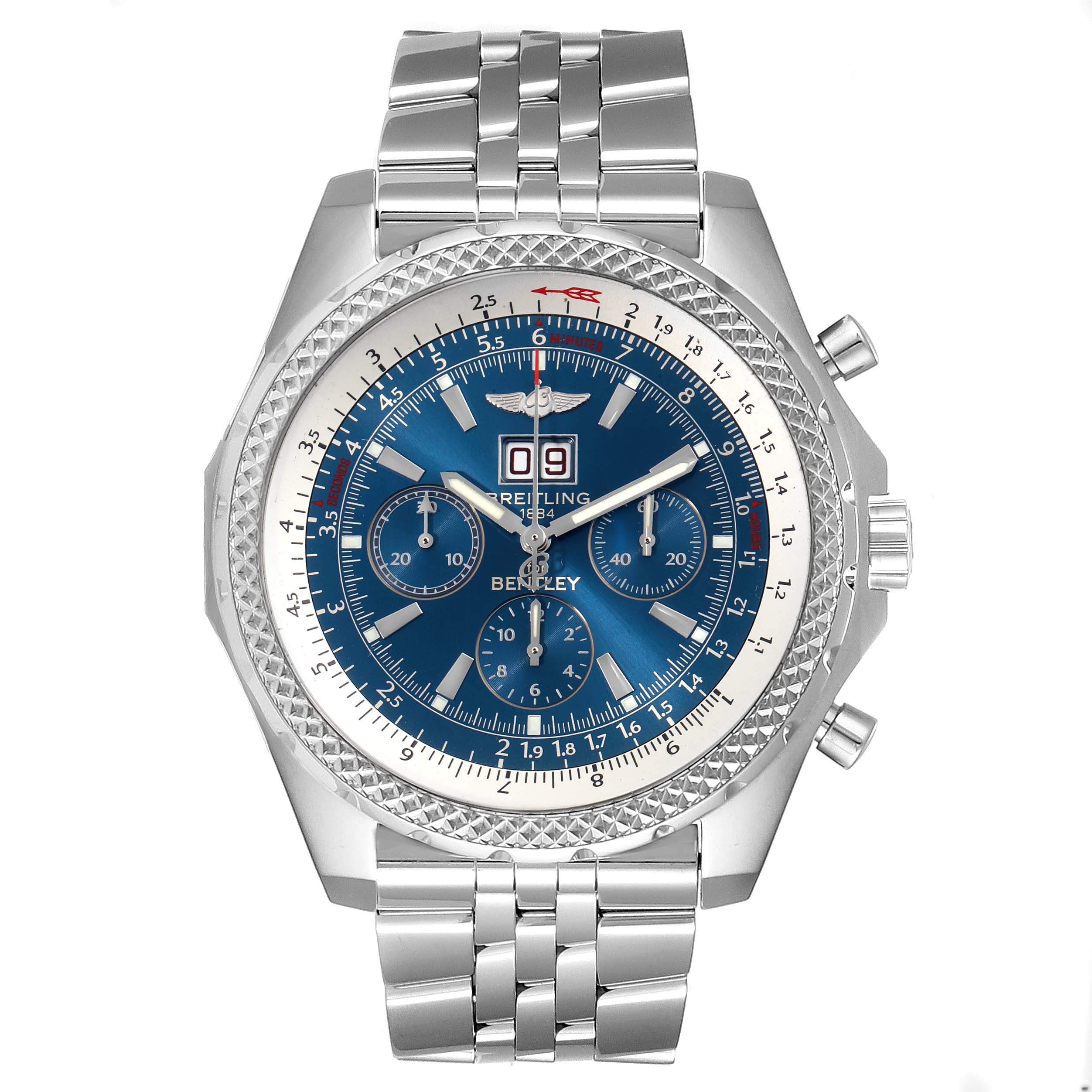The image shows a front view of the Breitling Bentley A44362 Men's Stainless Steel Blue Dial A44362 Men's Stainless Steel Blue Dial watch, displaying its case, dial, bezel, and bracelet.