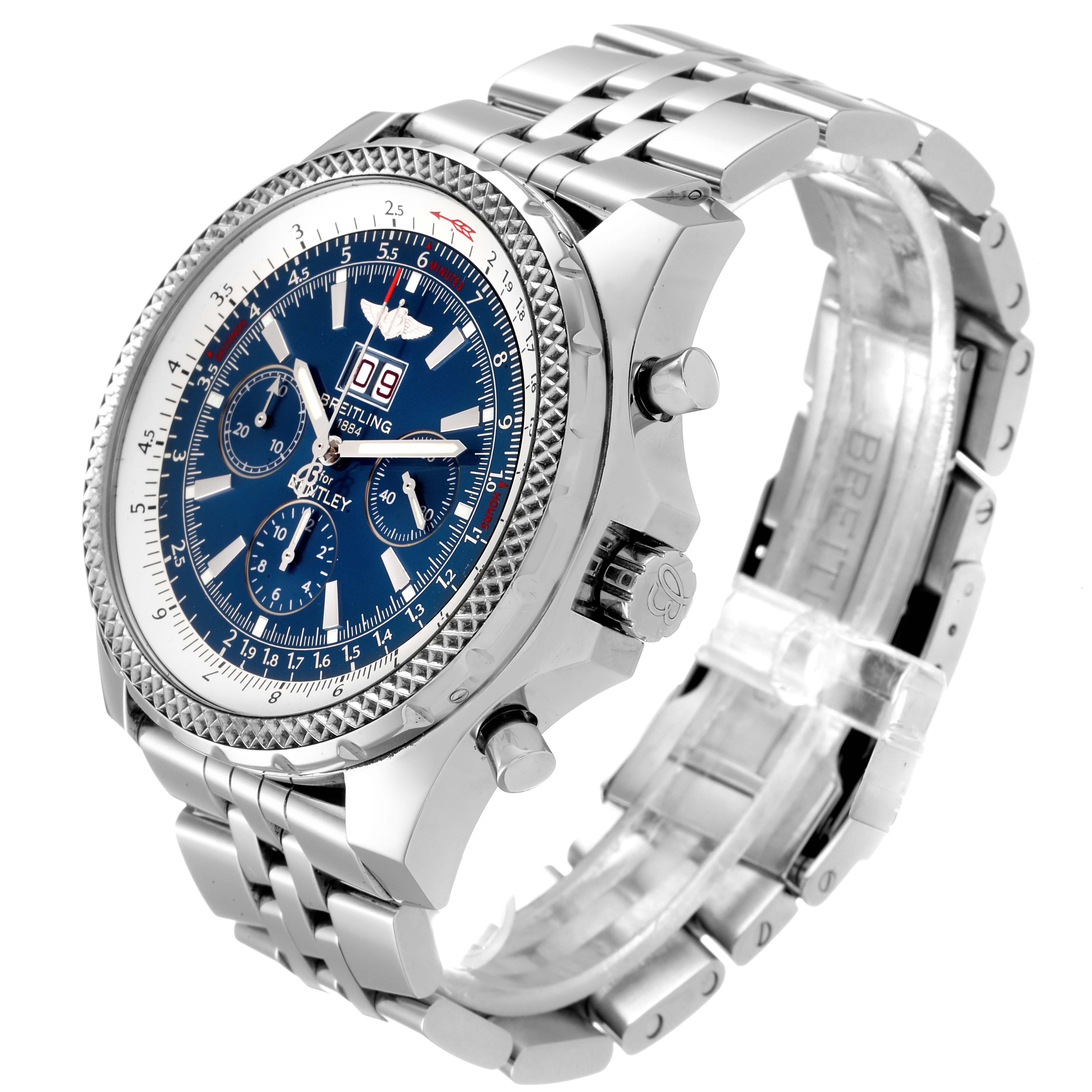 This Breitling Bentley A44362 Men's Stainless Steel Blue Dial A44362 Men's Stainless Steel Blue Dial watch is shown from a three-quarter angle, highlighting its face, bezel, crown, and metal bracelet.