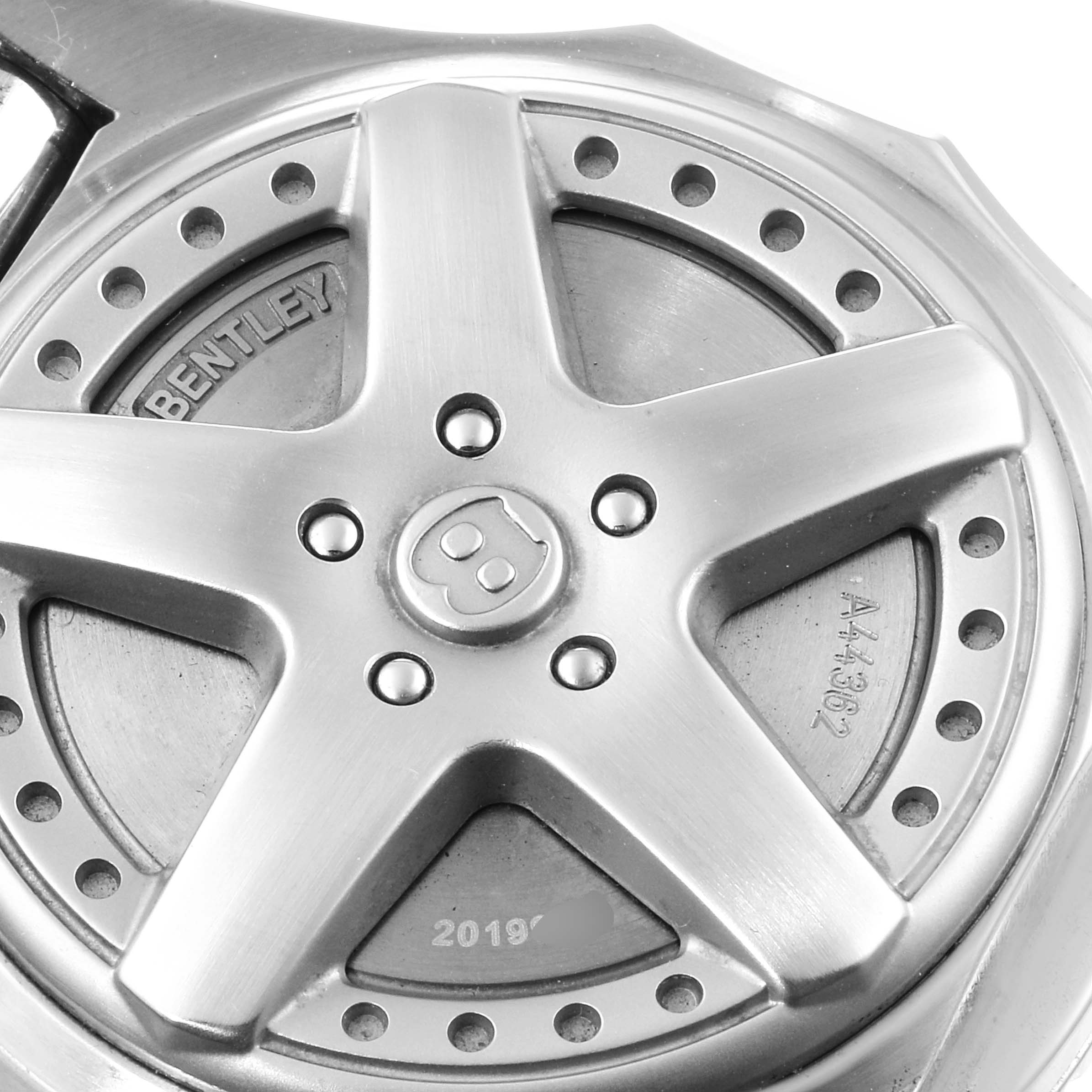 This image shows a close-up of the back case of a Breitling Bentley A44362 Men's Stainless Steel Blue Dial A44362 Men's Stainless Steel Blue Dial watch, highlighting the intricate design and branding.