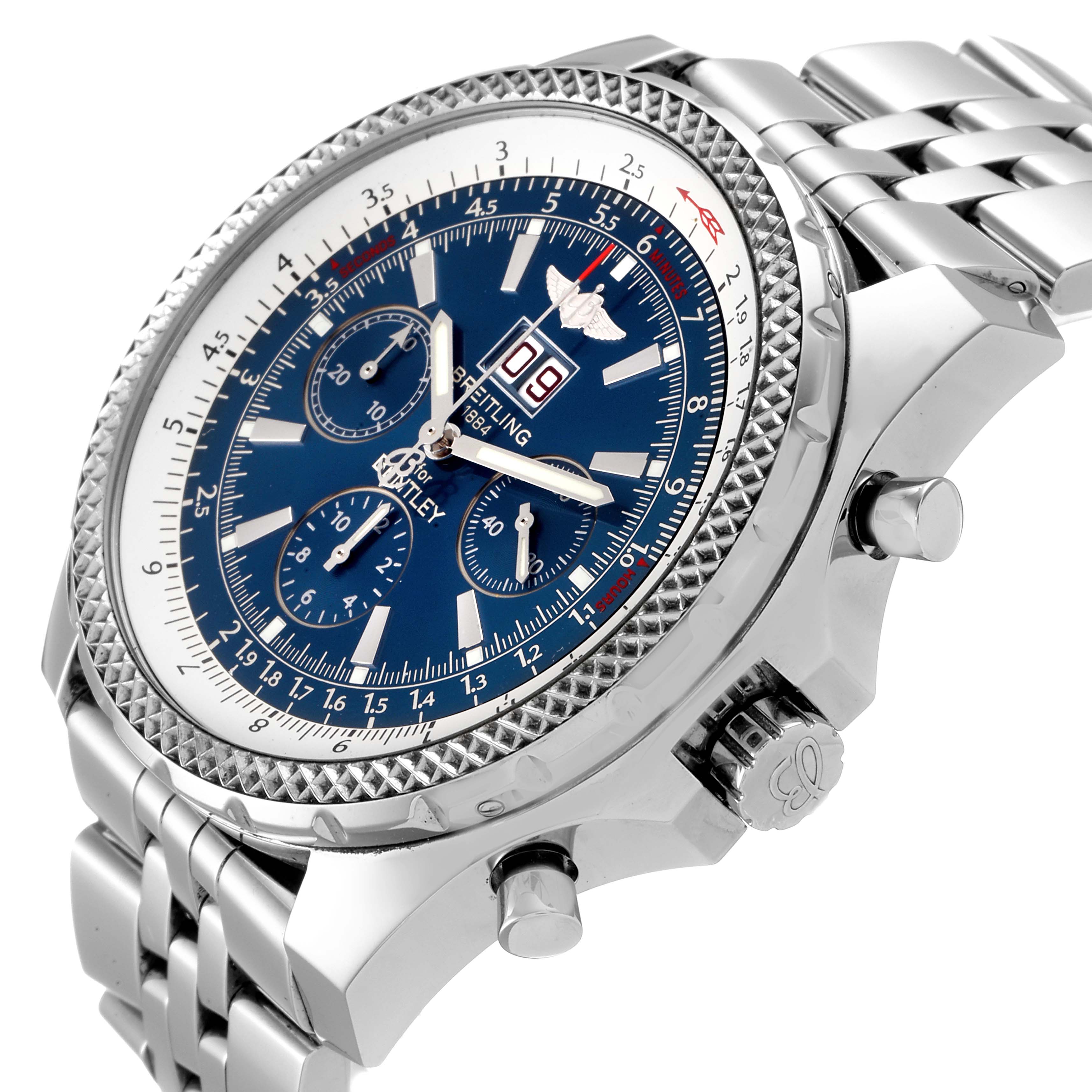 The Breitling Bentley A44362 Men's Stainless Steel Blue Dial A44362 Men's Stainless Steel Blue Dial watch is shown at an oblique angle, highlighting its blue dial, bezel, and part of the stainless steel bracelet.