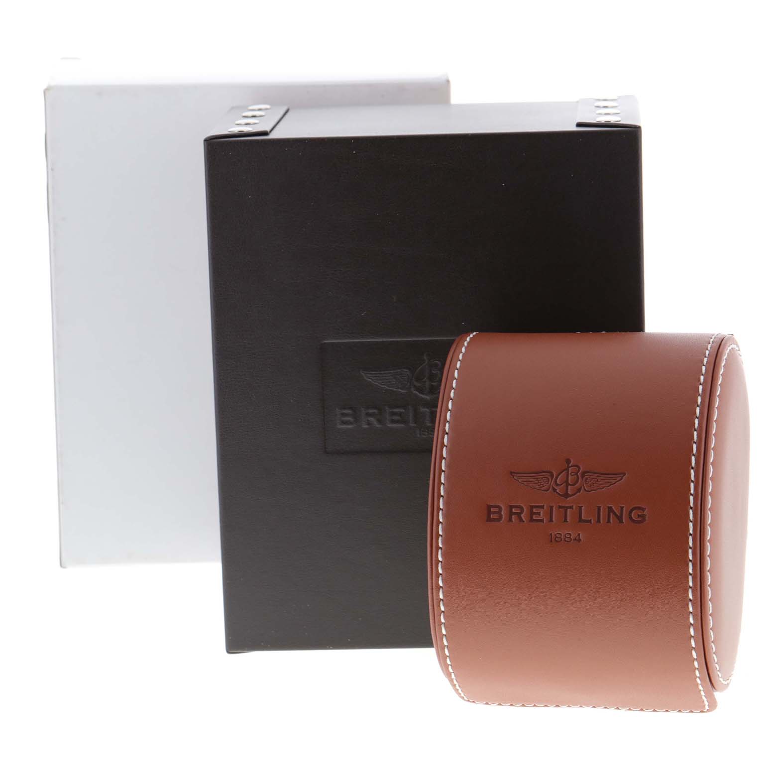 The image shows the packaging for the Bentley model by Breitling, featuring a black box and a brown leather watch case.