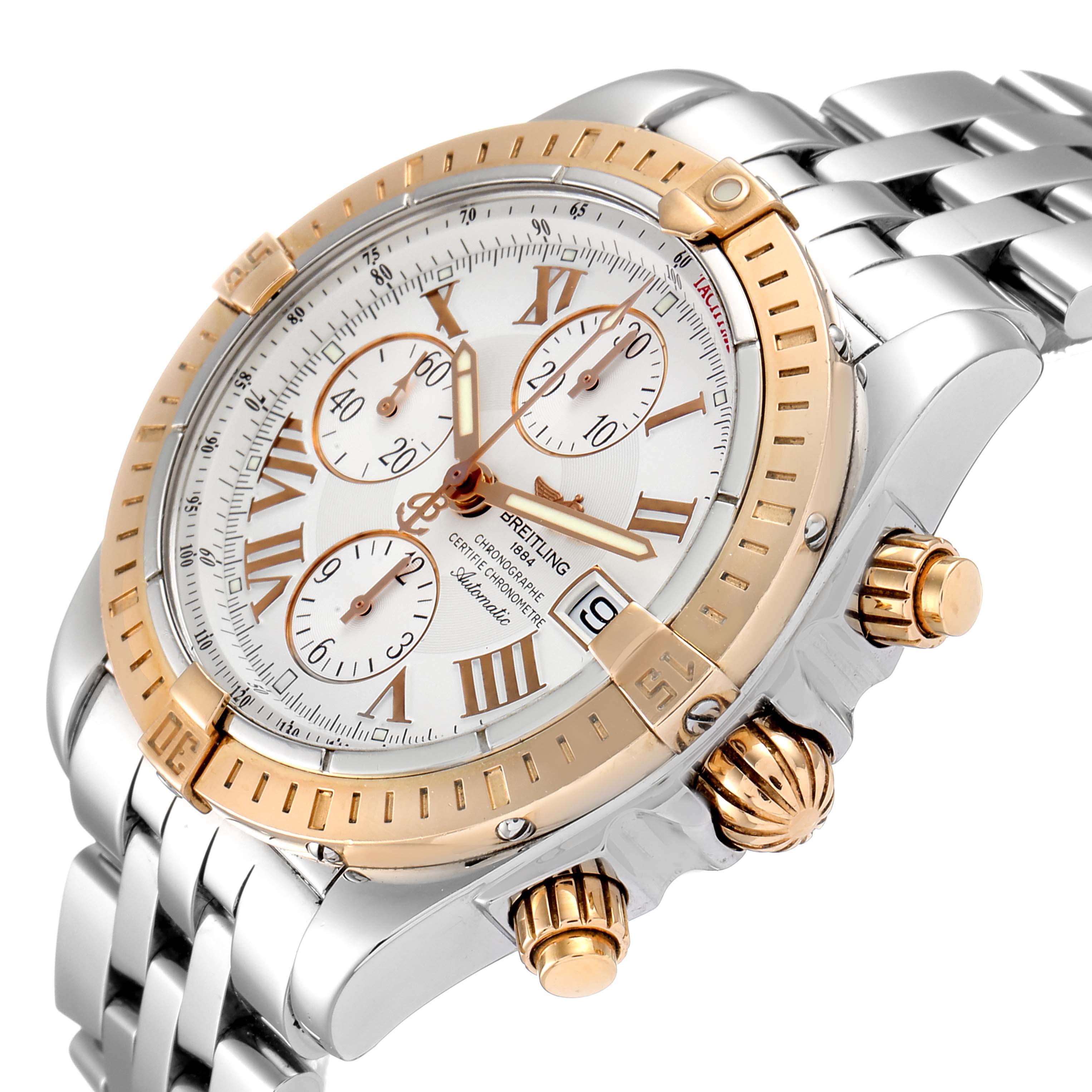 The Breitling Chronomat C13356 Men's Steel and Gold (two tone) White Dial C13356 Men's Steel and Gold (two tone) White Dial model watch is shown at a slight angle highlighting its face, bezel, crown, pushers, and bracelet.
