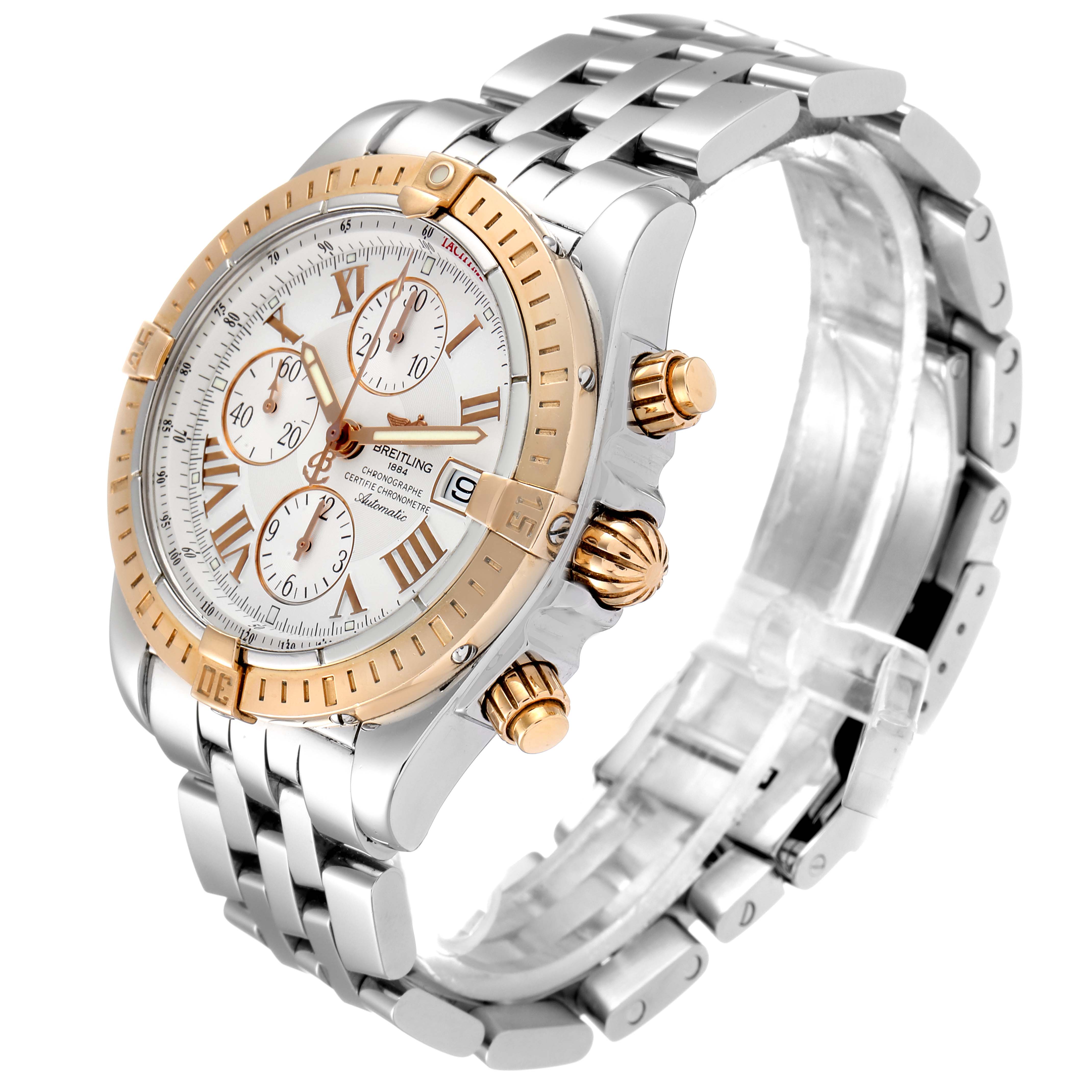 The Breitling Chronomat C13356 Men's Steel and Gold (two tone) White Dial C13356 Men's Steel and Gold (two tone) White Dial watch is shown at an angled view, displaying its face, crown, pushers, and bracelet.