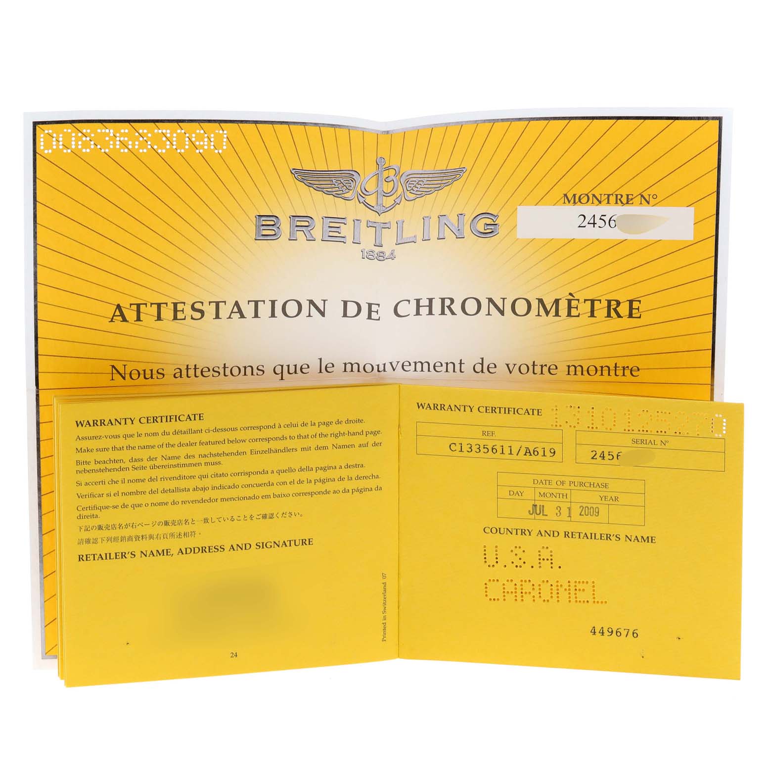 The image shows the warranty certificate and chronometer attestation for the Breitling Chronomat C13356 Men's Steel and Gold (two tone) White Dial C13356 Men's Steel and Gold (two tone) White Dial model watch.