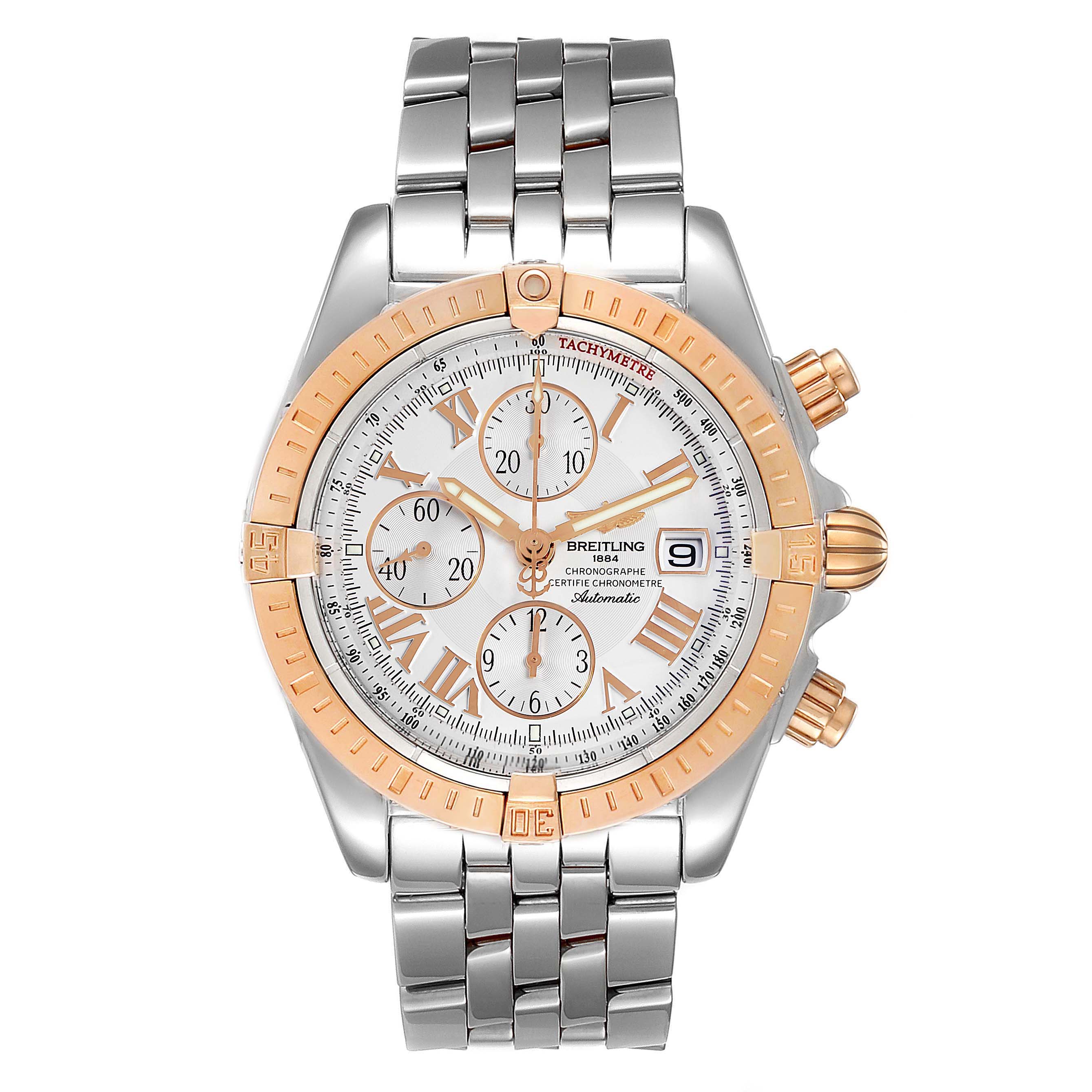 The image shows a front view of the Breitling Chronomat C13356 Men's Steel and Gold (two tone) White Dial C13356 Men's Steel and Gold (two tone) White Dial watch, highlighting the dial, bezel, subdials, date window, and bracelet.