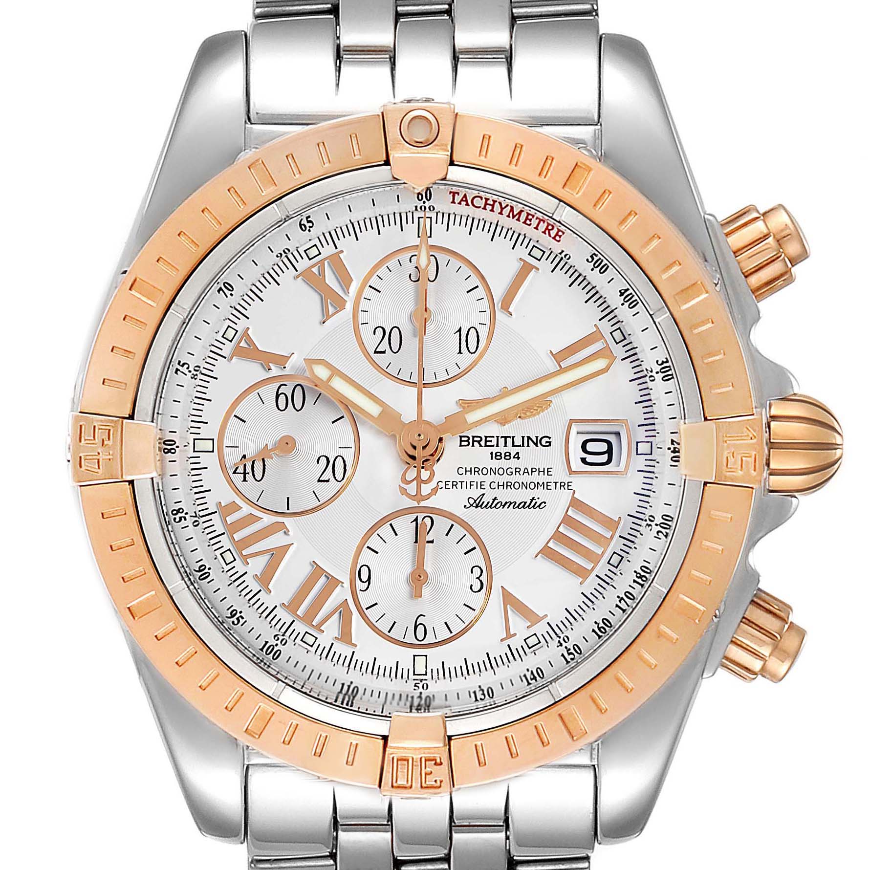 This image shows a frontal view of the Breitling Chronomat C13356 Men's Steel and Gold (two tone) White Dial C13356 Men's Steel and Gold (two tone) White Dial watch, highlighting its dial, bezel, and bracelet.